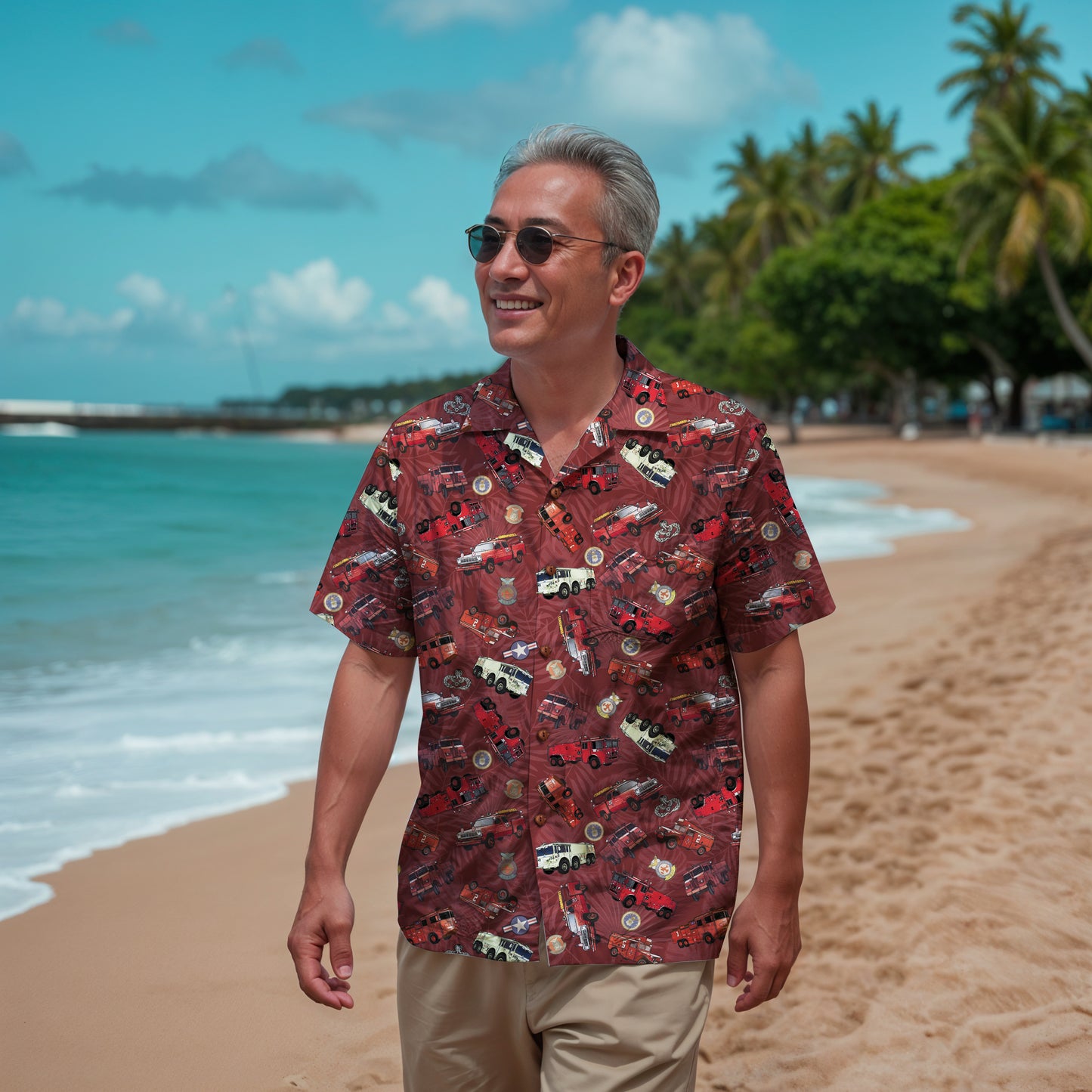 Hawaiian Shirt - "Vietnam Era Crash Trucks" - Red 100% Cotton