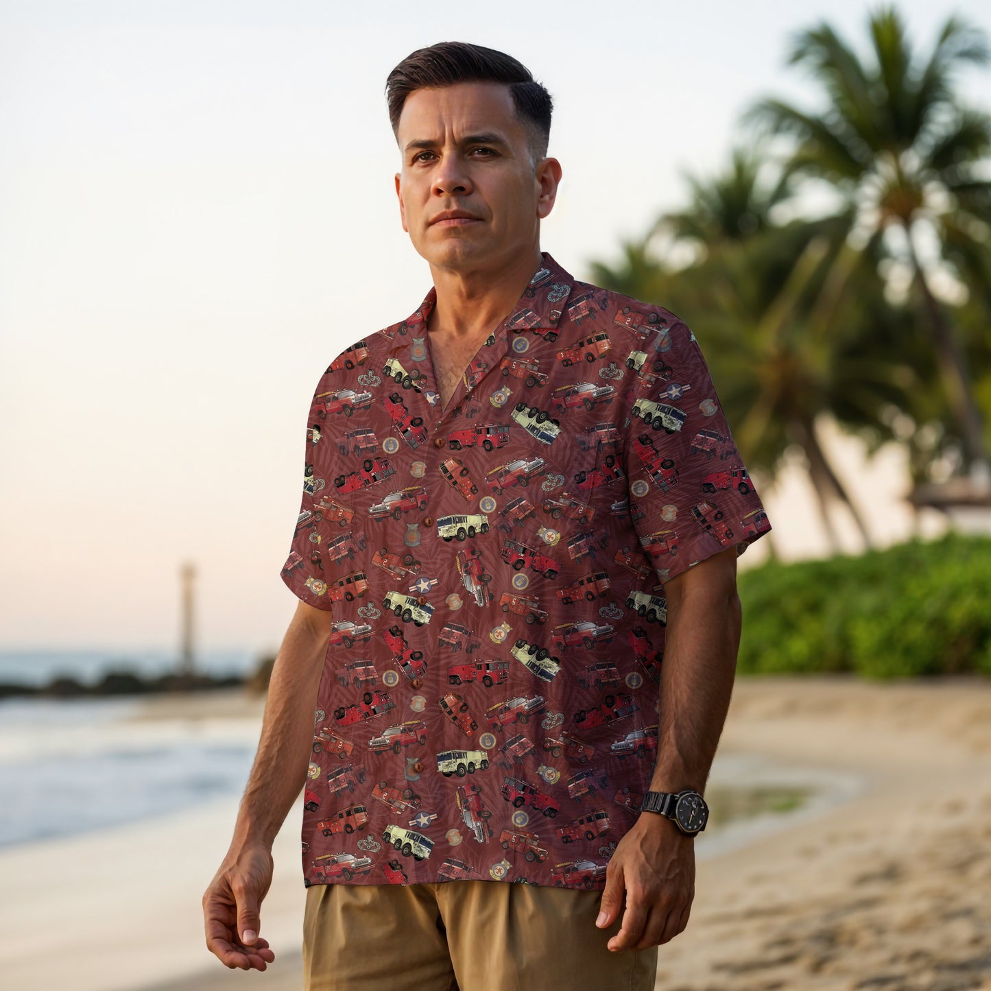 Hawaiian Shirt - "Vietnam Era Crash Trucks" - Red 100% Cotton