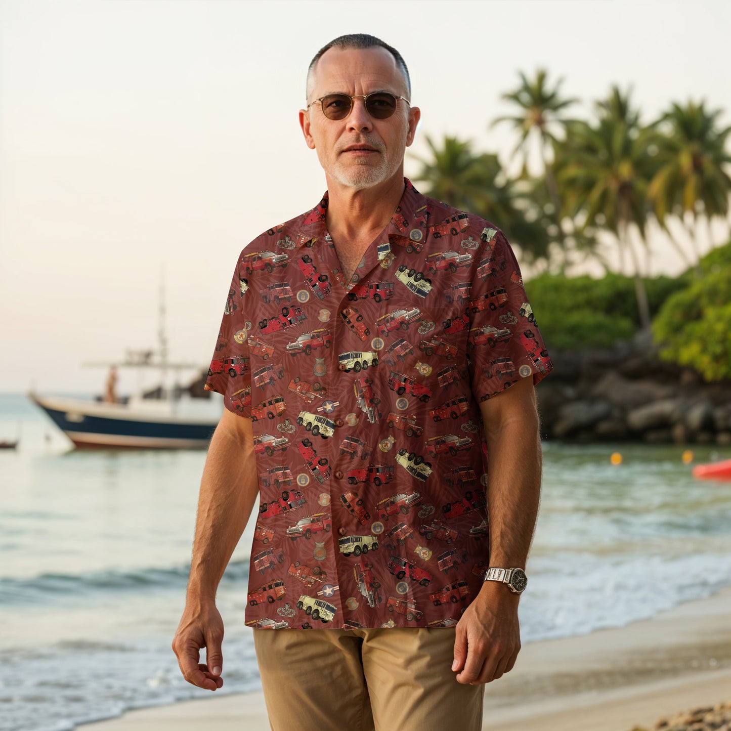 Hawaiian Shirt - "Vietnam Era Crash Trucks" - Red 100% Cotton