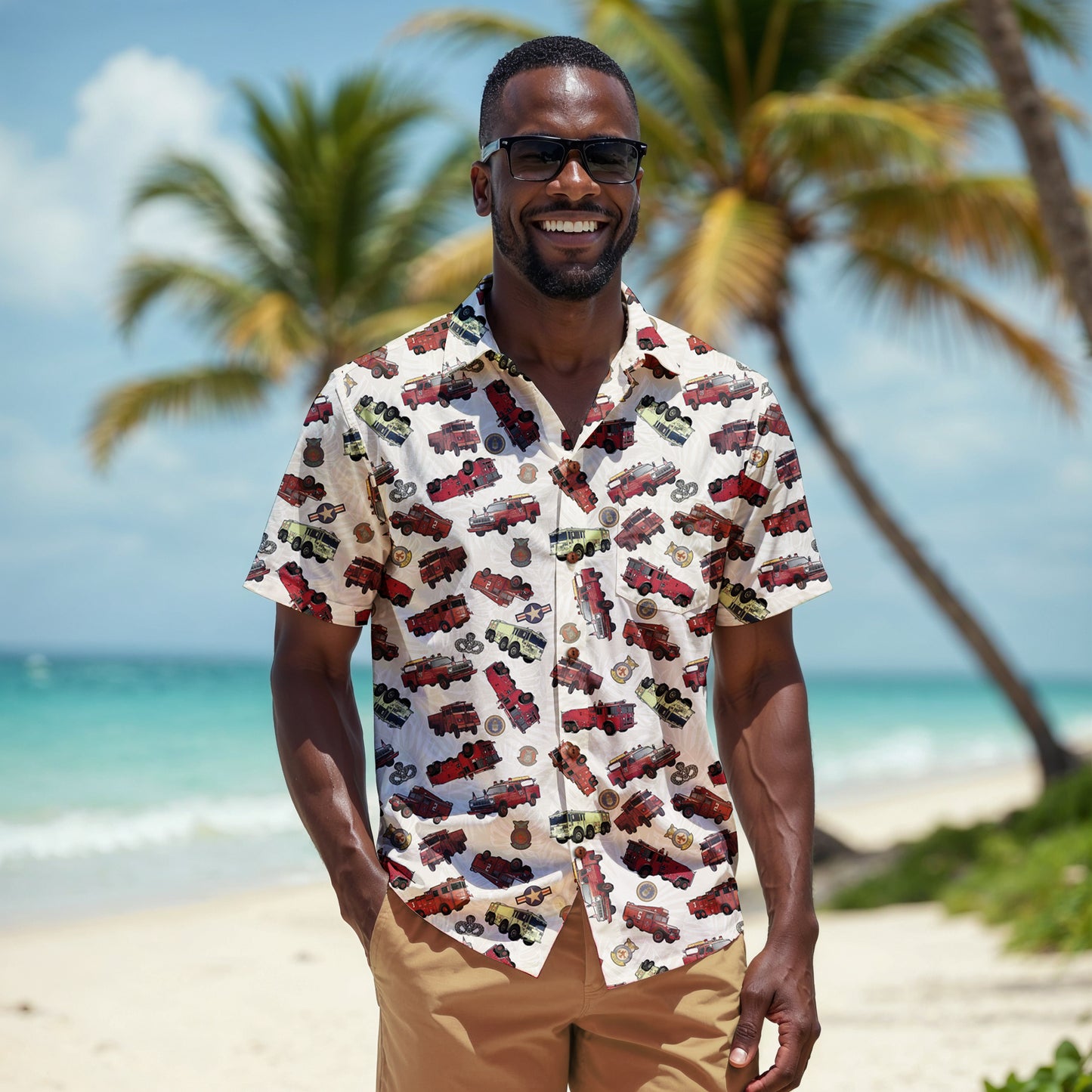Hawaiian Shirt - "Vietnam Era Crash Trucks" - White 100% Cotton