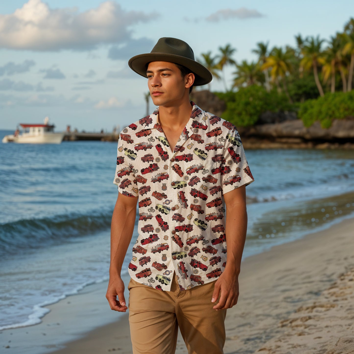 Hawaiian Shirt - "Vietnam Era Crash Trucks" - White 100% Cotton