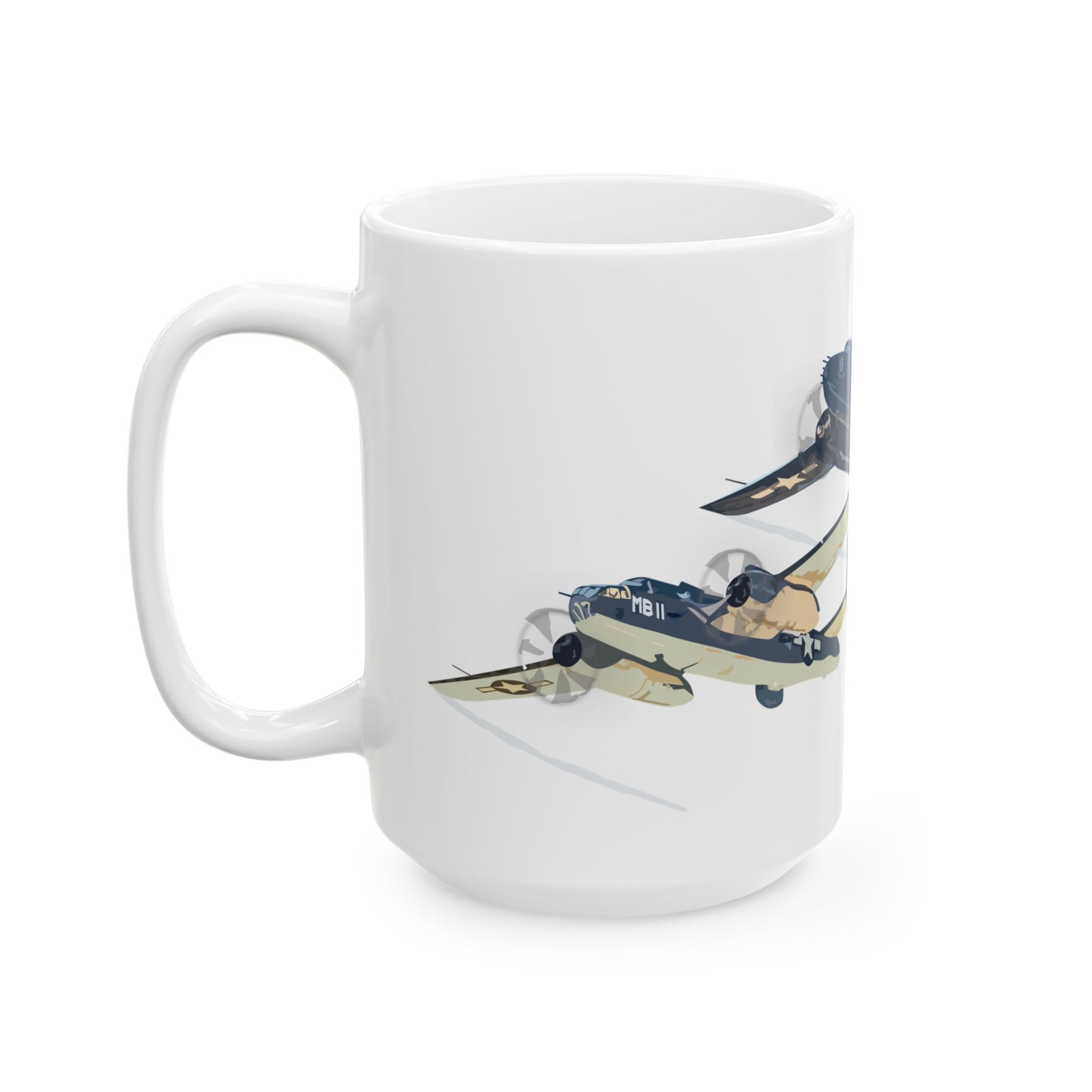 Vintage-inspired ceramic mug with the "Devil Dog" and "Semper Fi" artwork from the B-25 bomber, perfect for honoring military legacy, available in two sizes: 11oz and 15oz.