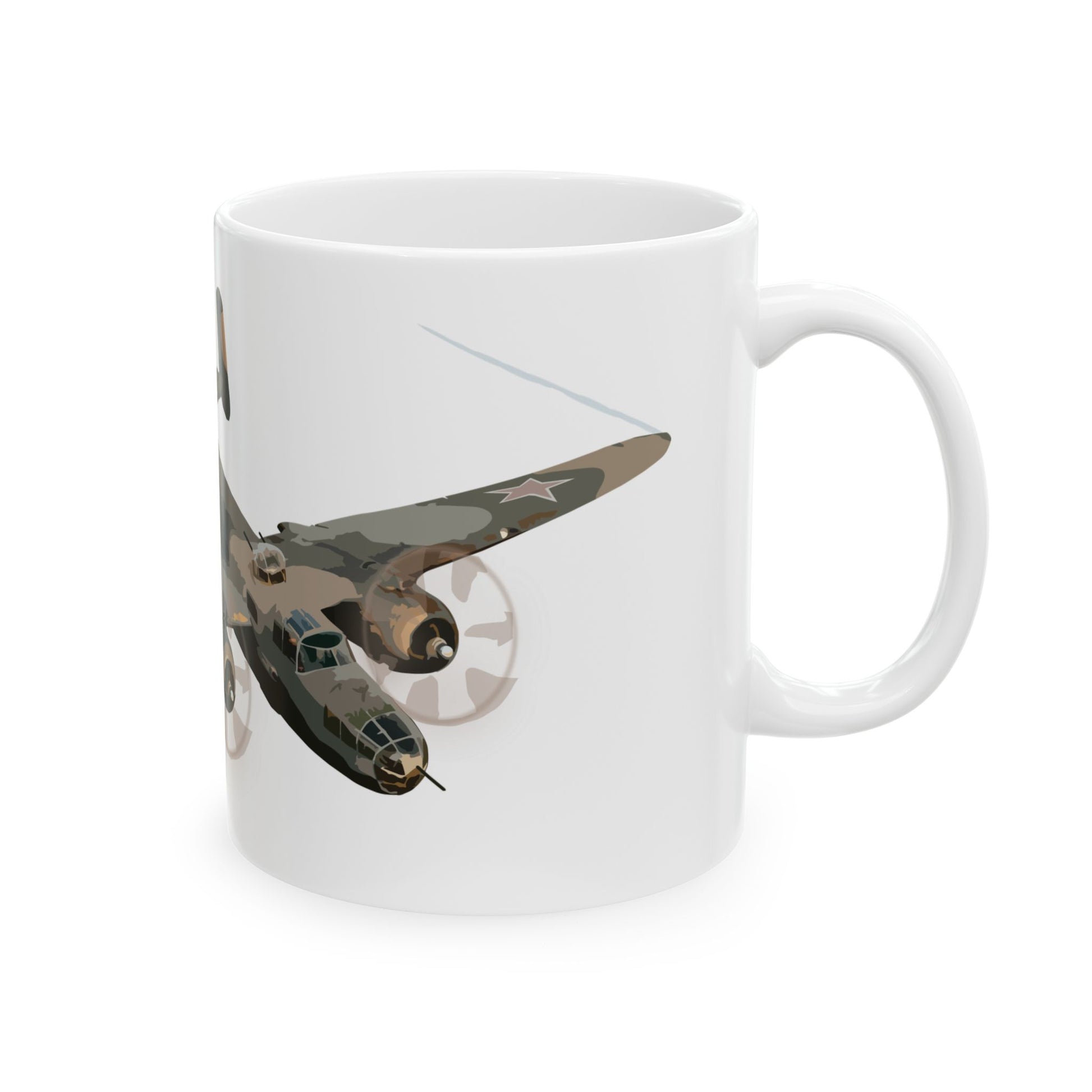 Vintage-style ceramic mug featuring the iconic "Russian to Get Ya" nose art from the B-25 bomber, perfect for aviation fans and history enthusiasts.