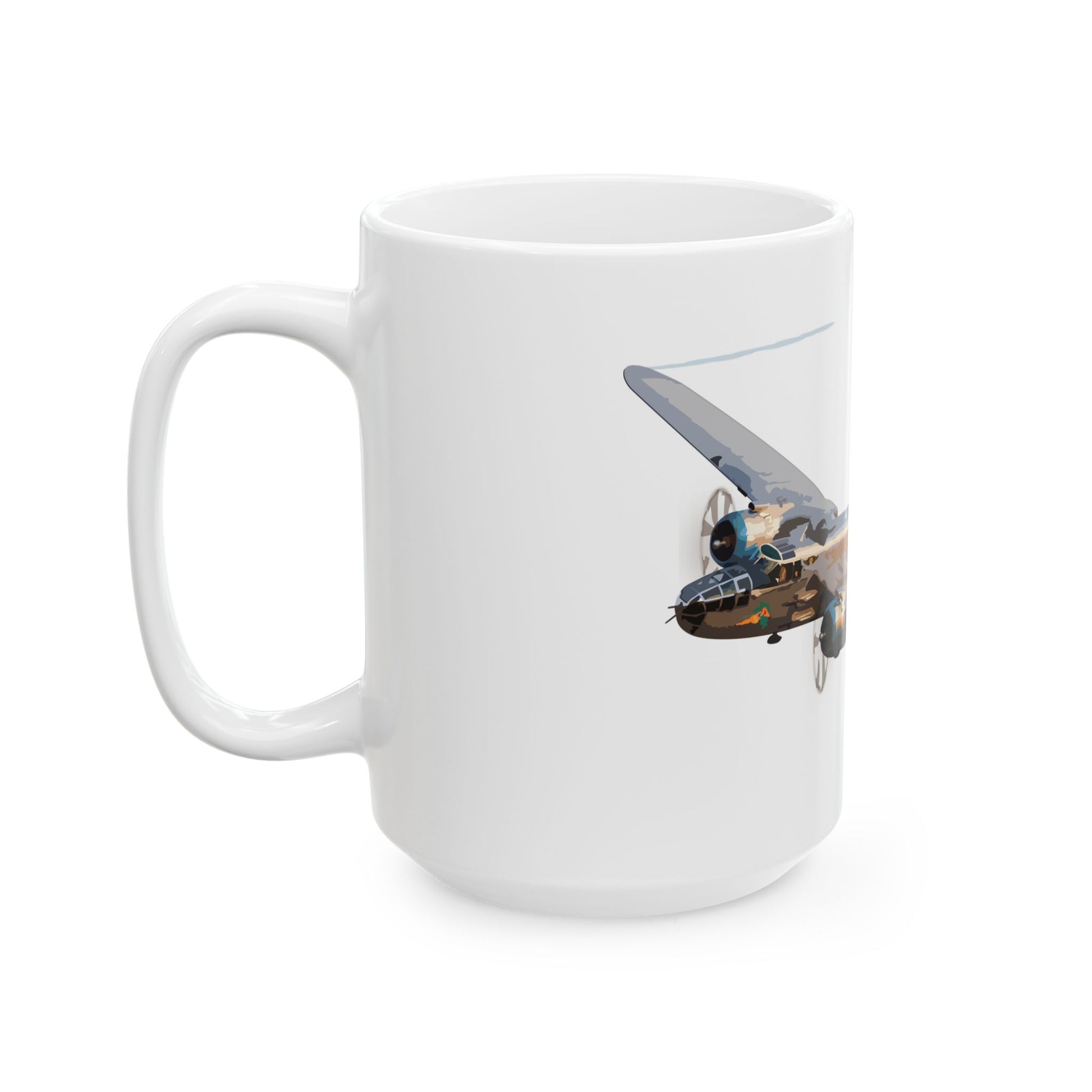 Vintage-style white ceramic mug featuring detailed "Maid in the Shade" B-25 nose art, ideal for collectors and fans of World War II aviation.
