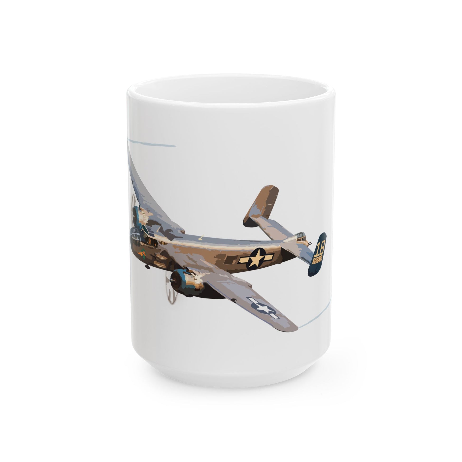 Durable ceramic coffee mug showcasing vintage "Maid in the Shade" B-25 bomber nose art, offered in two sizes: 11oz and 15oz, perfect for aviation enthusiasts.