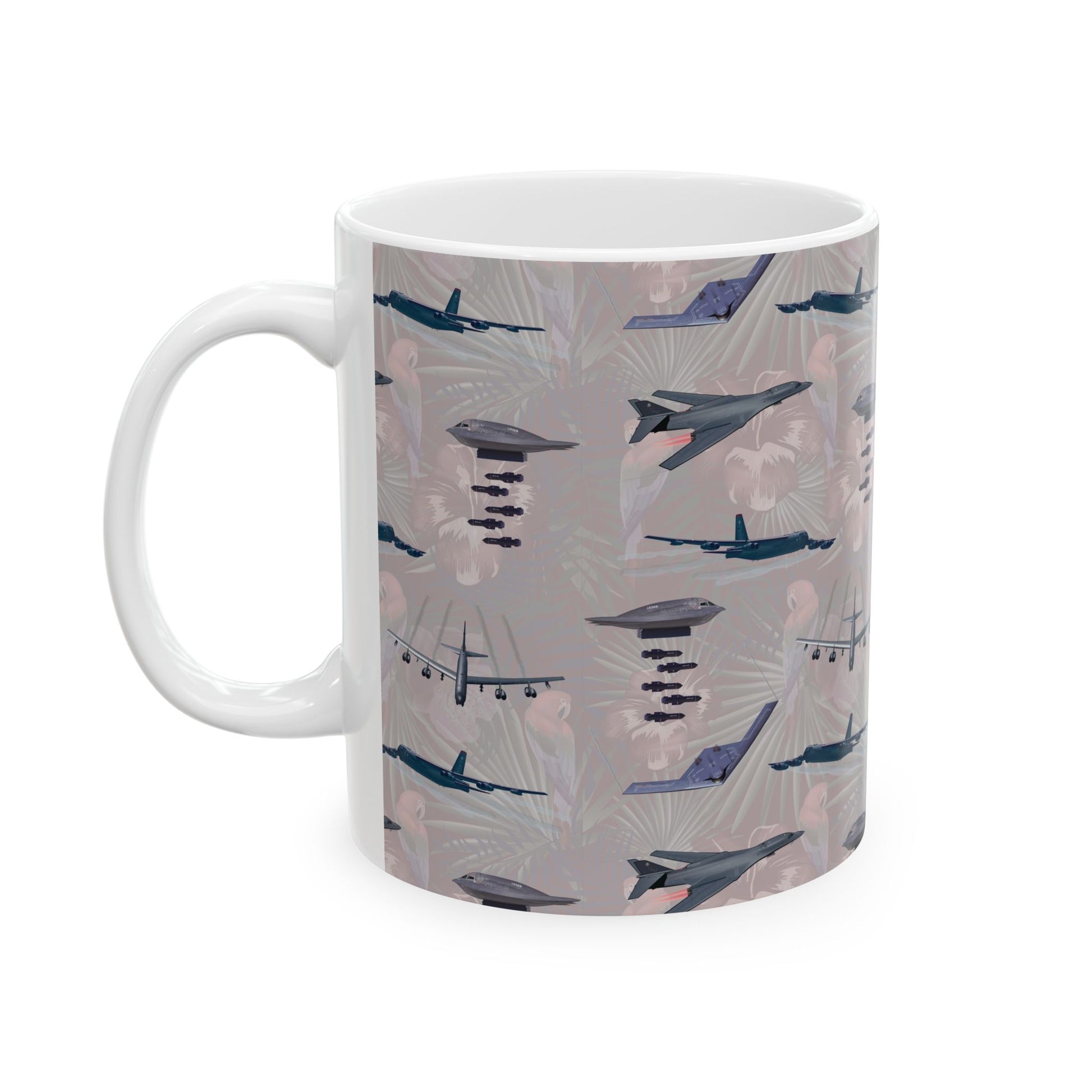 White ceramic mug featuring a tribute to the B-17 Flying Fortress, available in 11oz and 15oz sizes, perfect for military aviation enthusiasts.