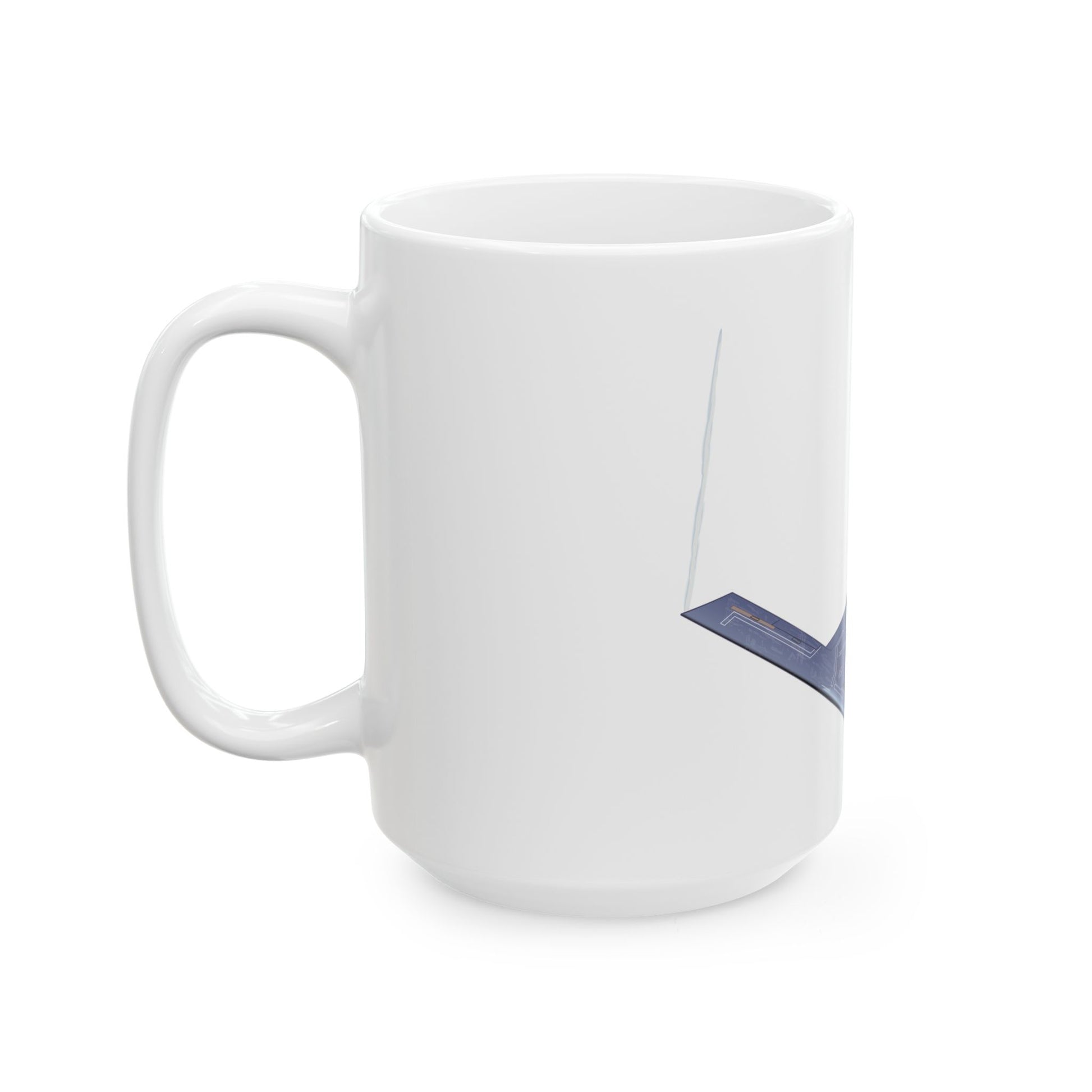 White ceramic mug featuring a detailed B-21 Raider bomber graphic, available in two sizes: 11oz and 15oz, microwave and dishwasher safe.