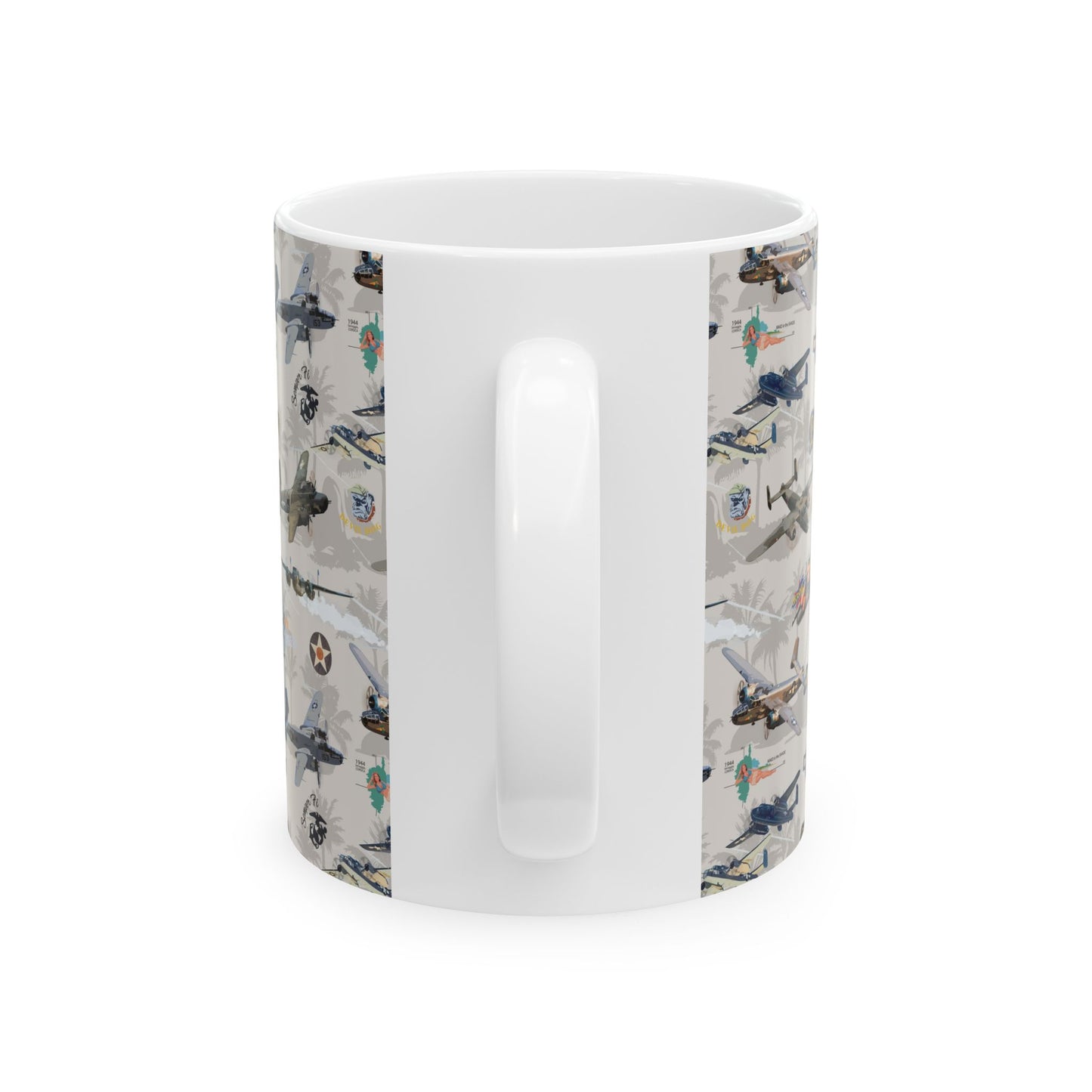 B-25 bomber illustration on a white ceramic mug, ideal for collectors, available in 11oz and 15oz sizes, microwave and dishwasher safe.