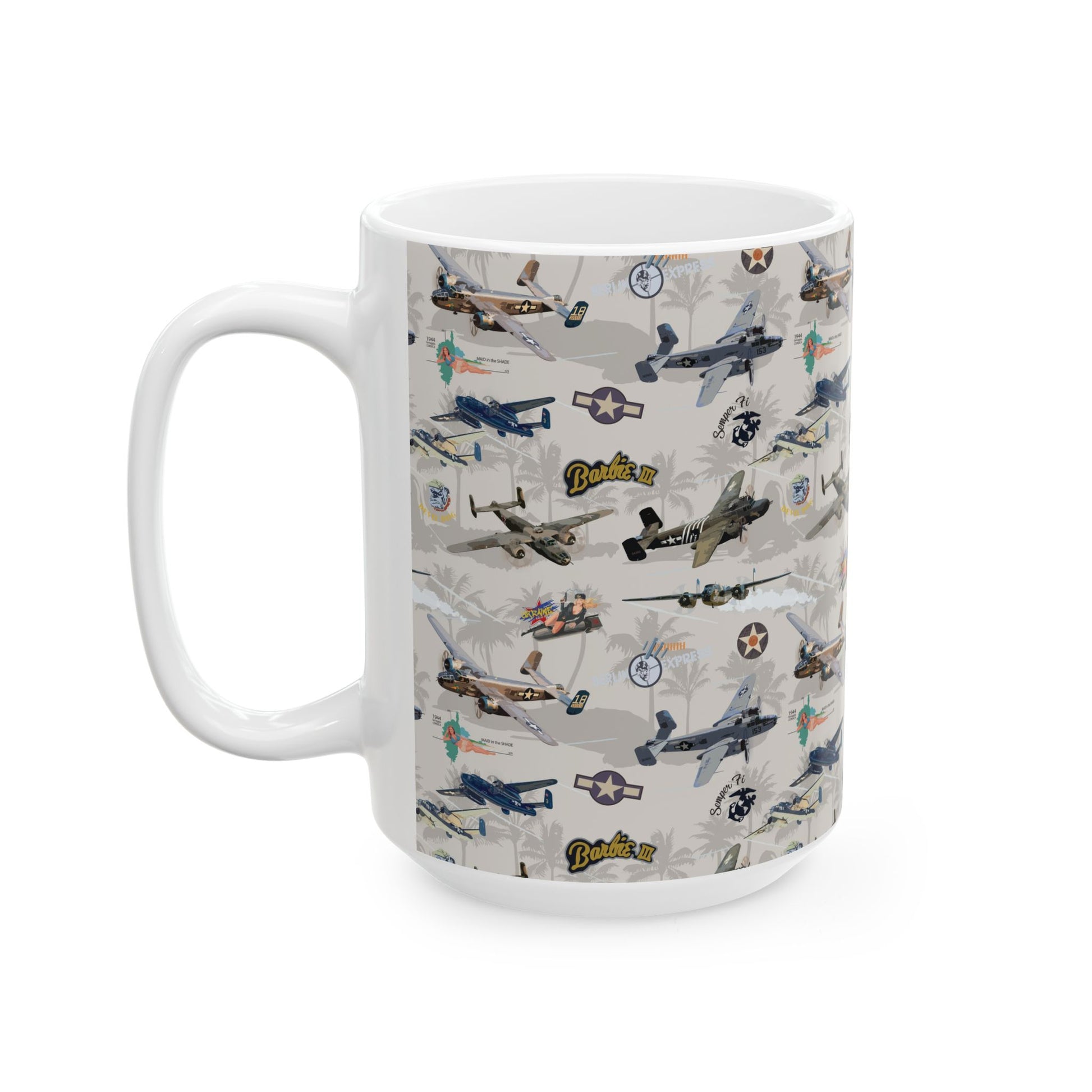 B-25 bomber white ceramic mug with a clean and sleek design, available in 11oz and 15oz sizes, perfect for aviation fans and collectors.