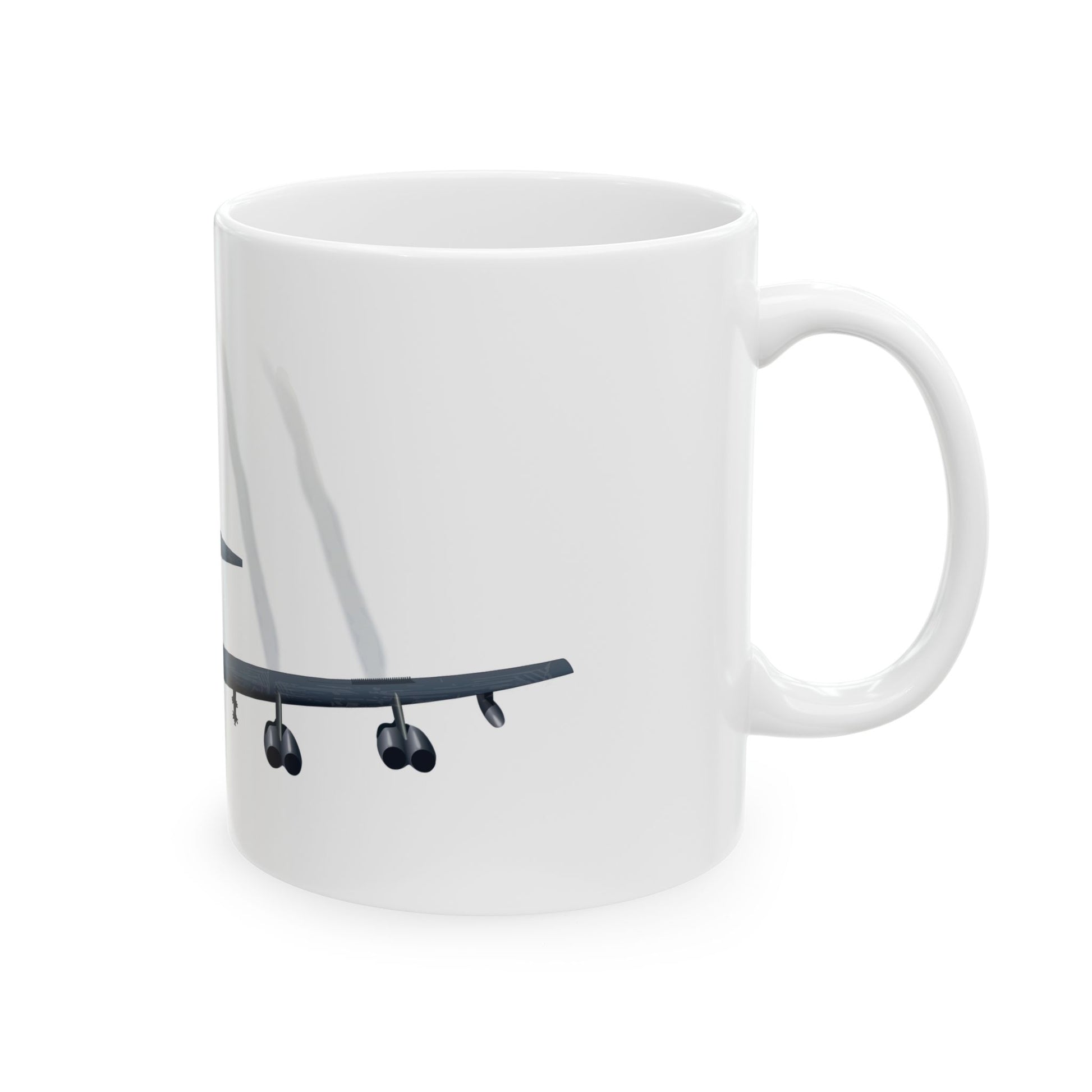 Classic white ceramic coffee mug with a commemorative B-52 Stratofortress design, available in both 11oz and 15oz sizes, microwave and dishwasher safe.