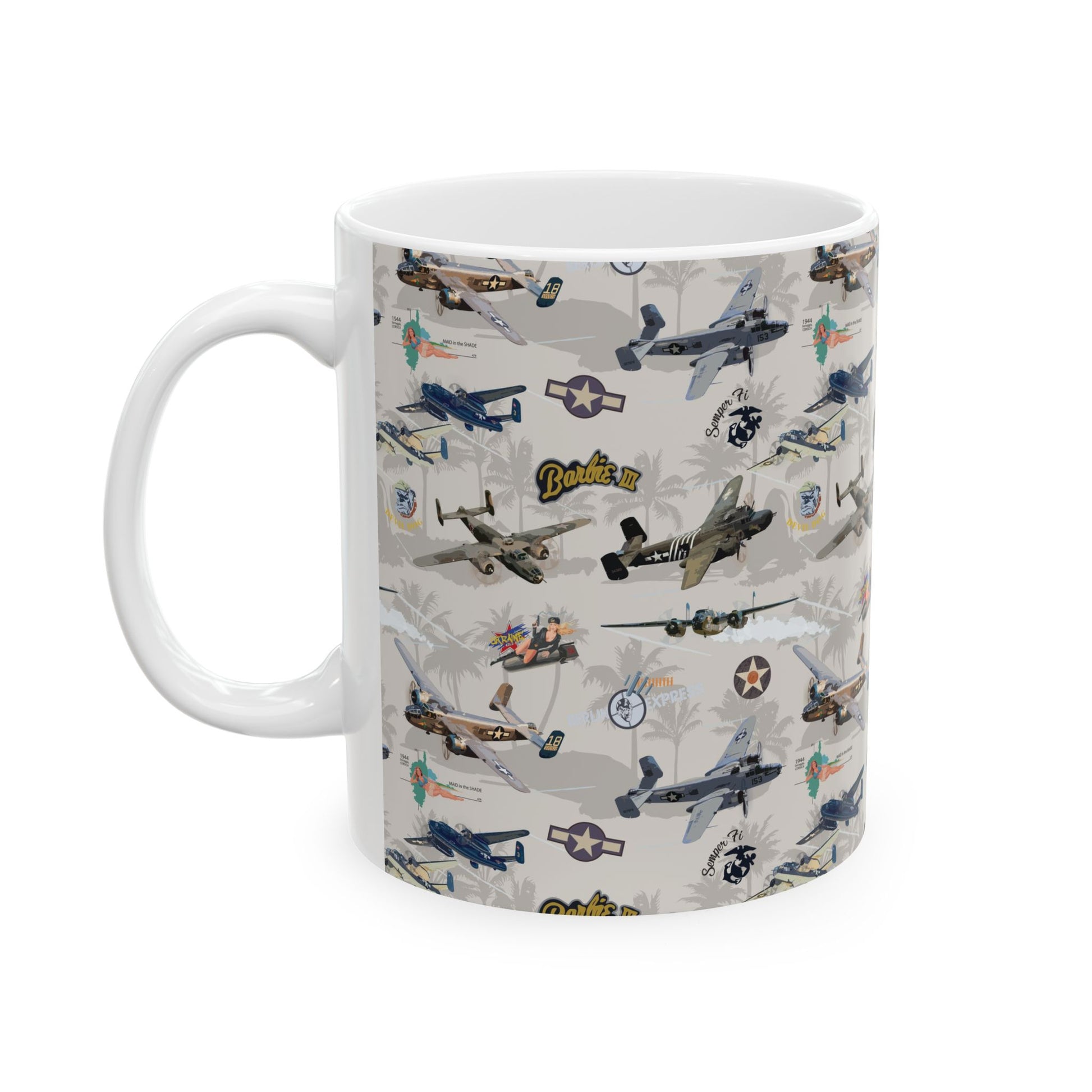 White ceramic mug showcasing the iconic B-25 bomber, available in 11oz and 15oz sizes, perfect for daily use or as a collector's item.