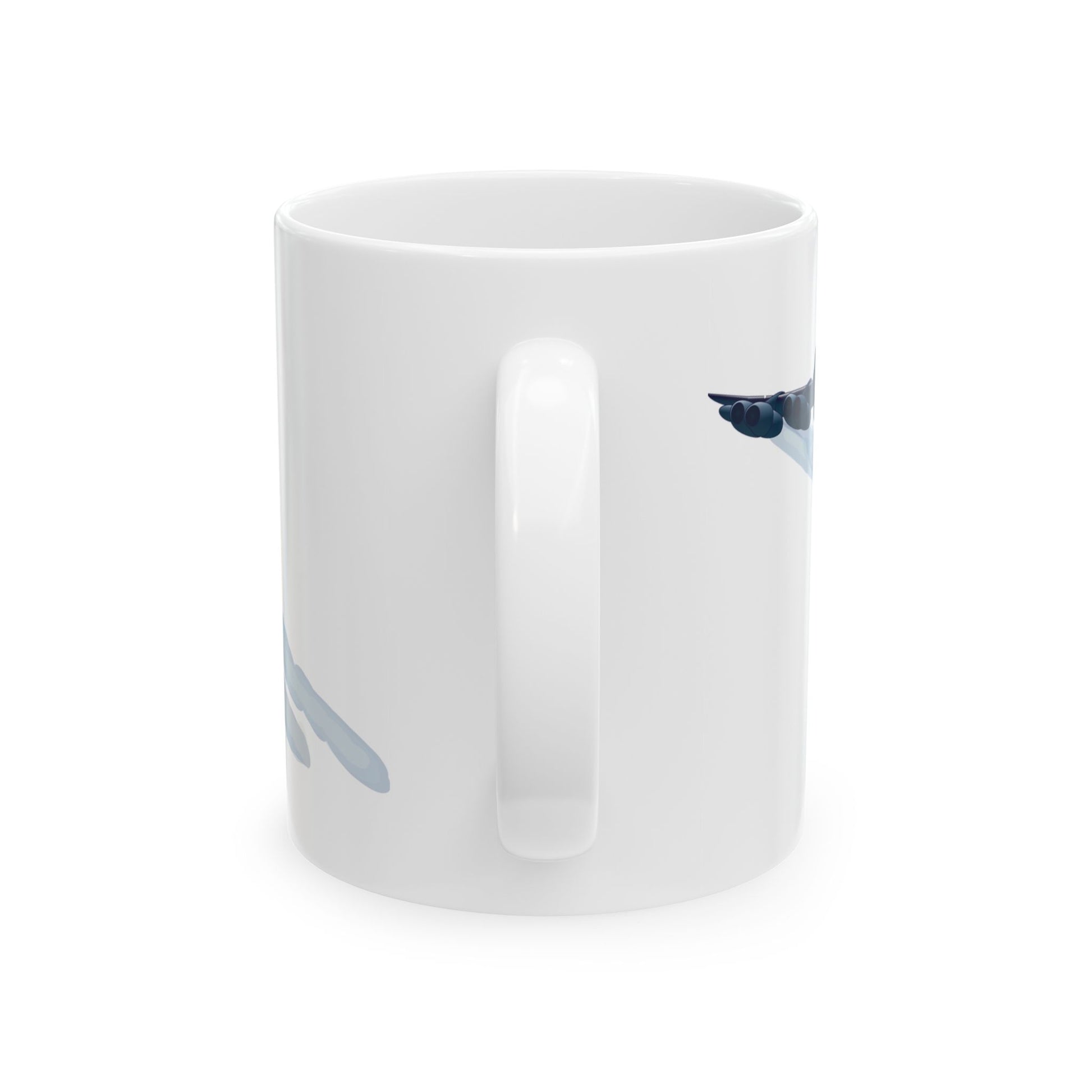 White ceramic mug with a design celebrating the legacy of the B-52 Stratofortress, ideal for collectors, available in 11oz and 15oz sizes.