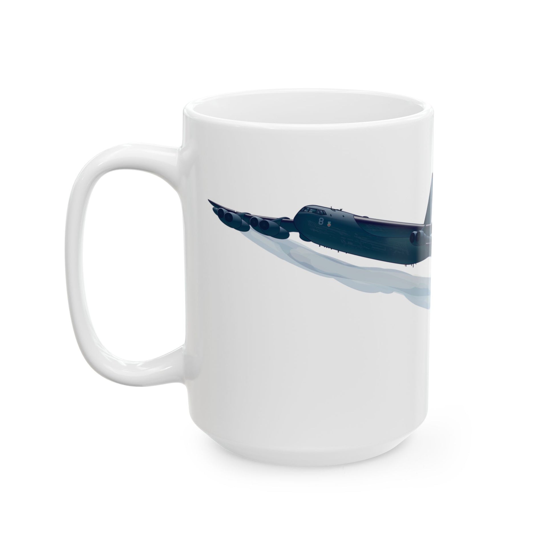 Elegant white ceramic mug featuring the B-52 Stratofortress, a perfect gift for military history lovers, available in 11oz and 15oz sizes.