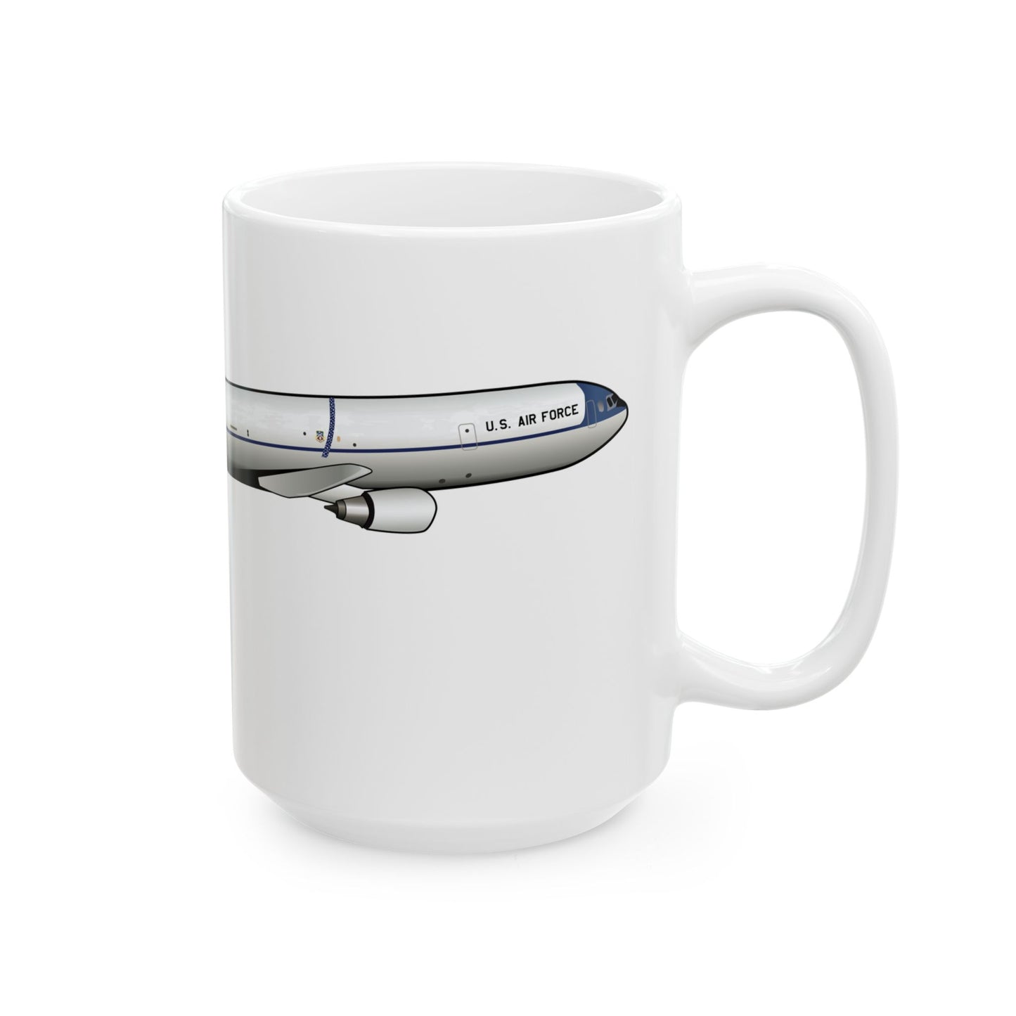 KC-10 Extender ceramic mug featuring a detailed aircraft design, available in 11oz and 15oz sizes, perfect for aviation enthusiasts.