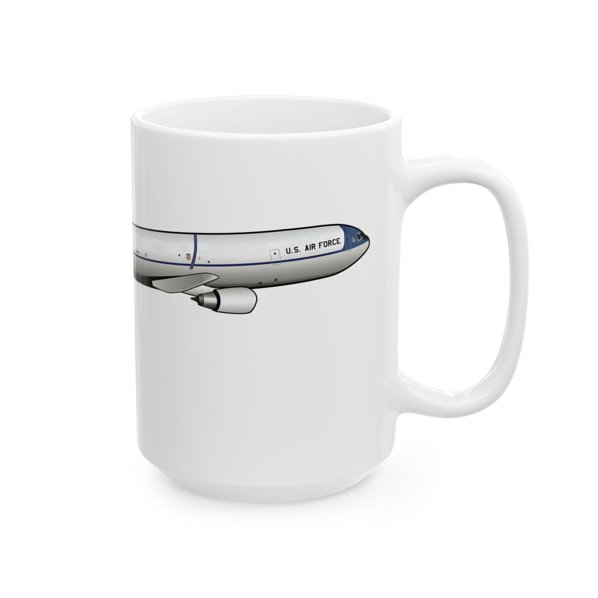 KC-10 Extender ceramic mug featuring a detailed aircraft design, available in 11oz and 15oz sizes, perfect for aviation enthusiasts.