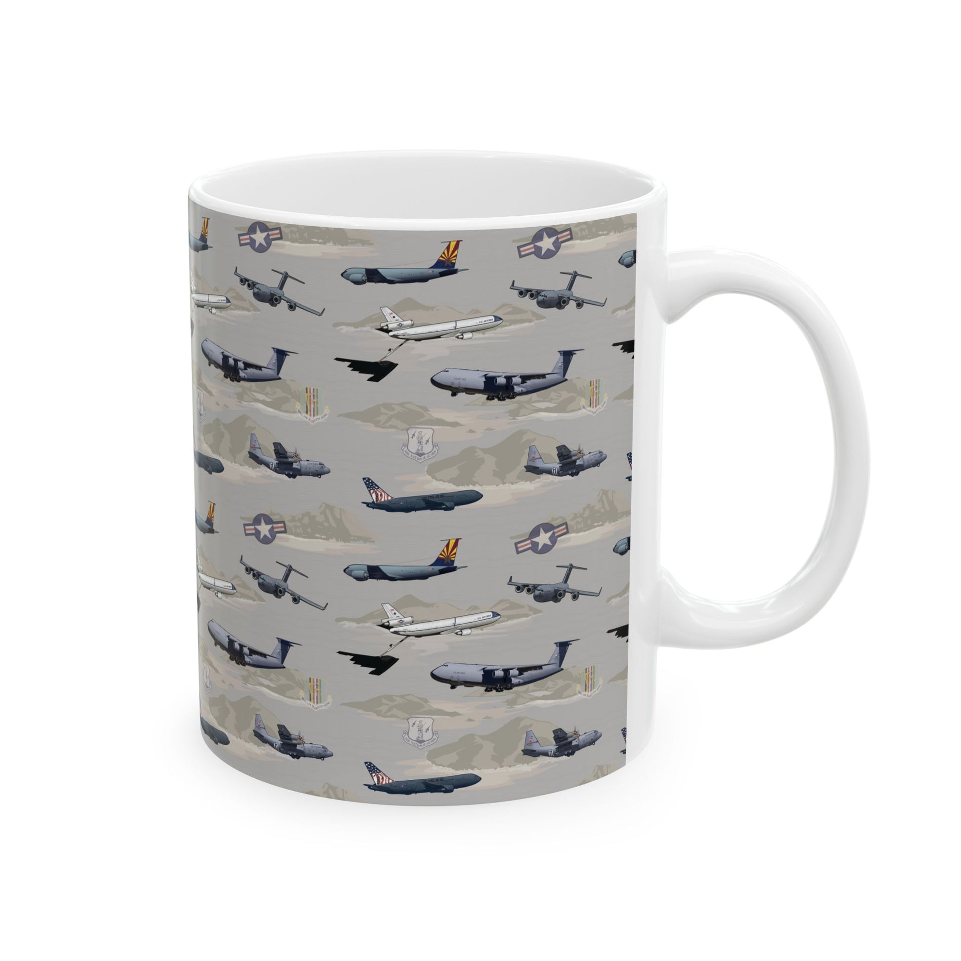 Ceramic mug with beige airplane print, available in 11oz and 15oz sizes, suitable for daily use.