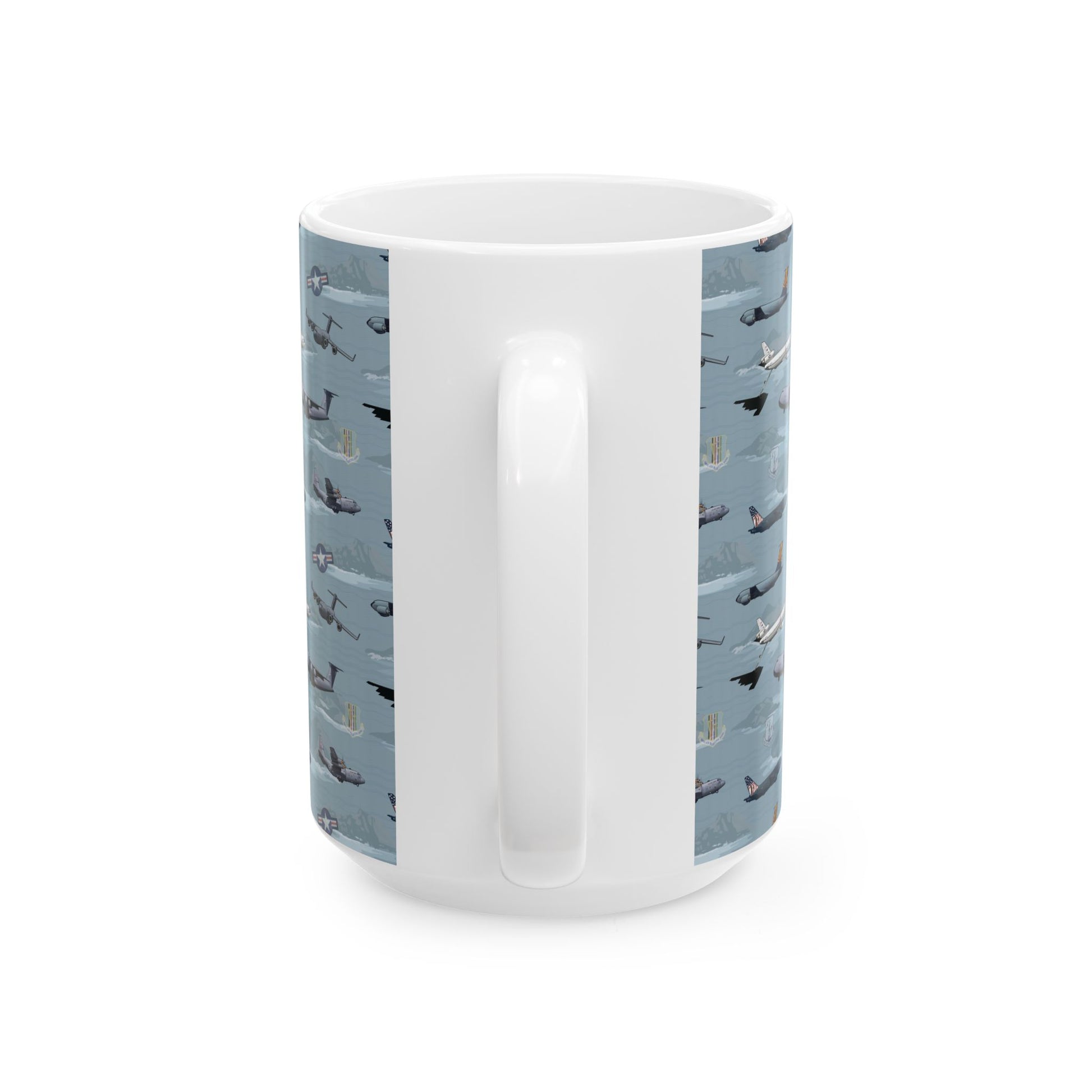 Blue ceramic mug with airplane motif, available in 11oz and 15oz sizes, a stylish addition to any kitchen.