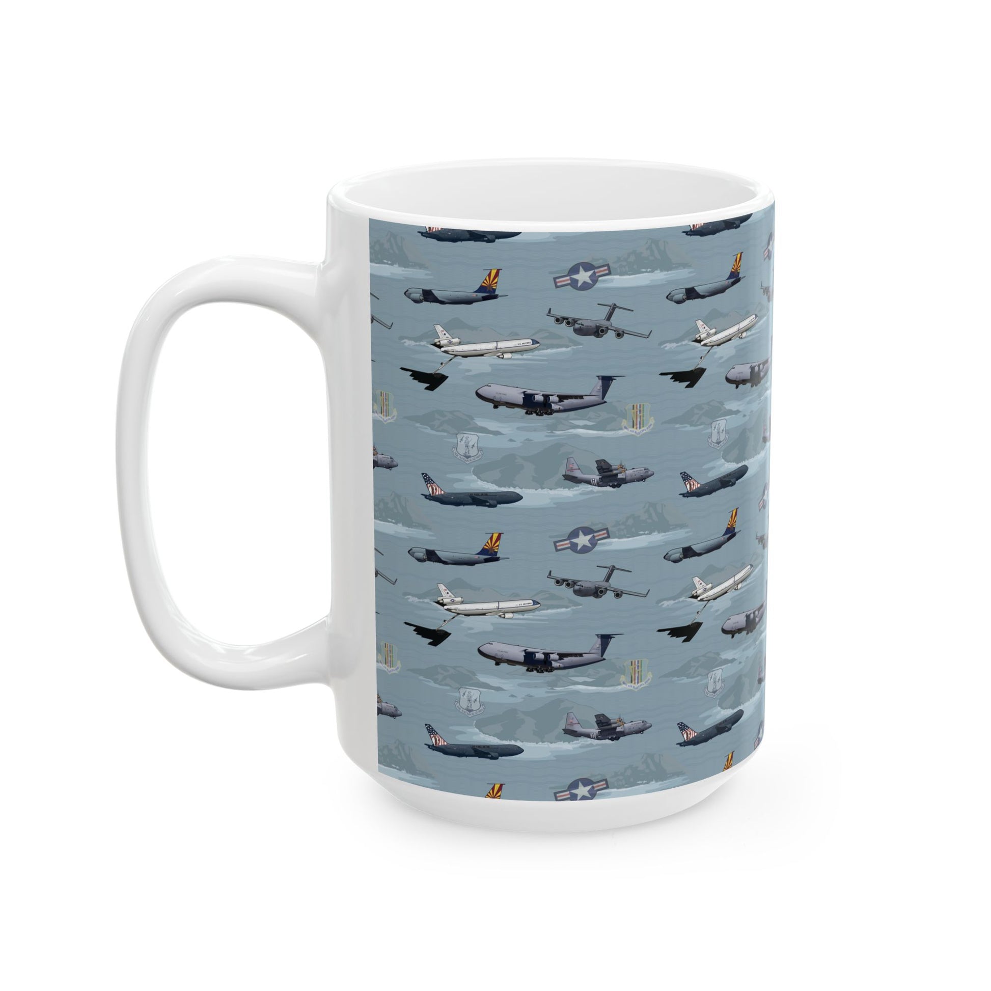 Blue ceramic mug with airplane illustration, available in 11oz and 15oz sizes, great for coffee lovers.