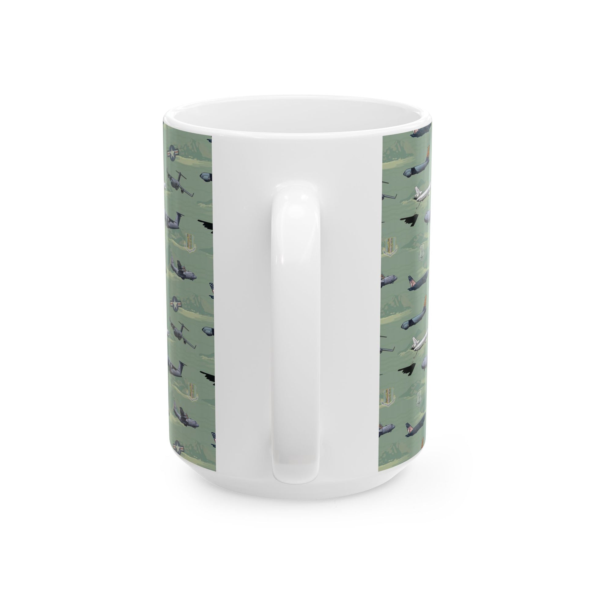 Green ceramic airplane mug, available in 11oz and 15oz sizes, a great addition to any aviation memorabilia collection.