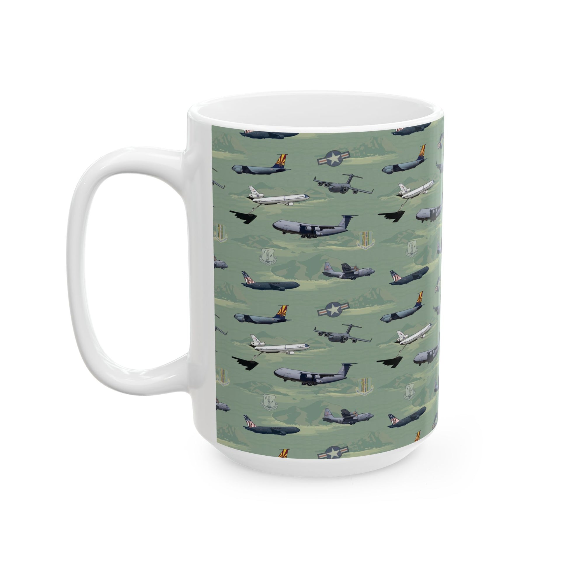 Green ceramic airplane mug, available in 11oz and 15oz sizes, a great addition to any aviation memorabilia collection