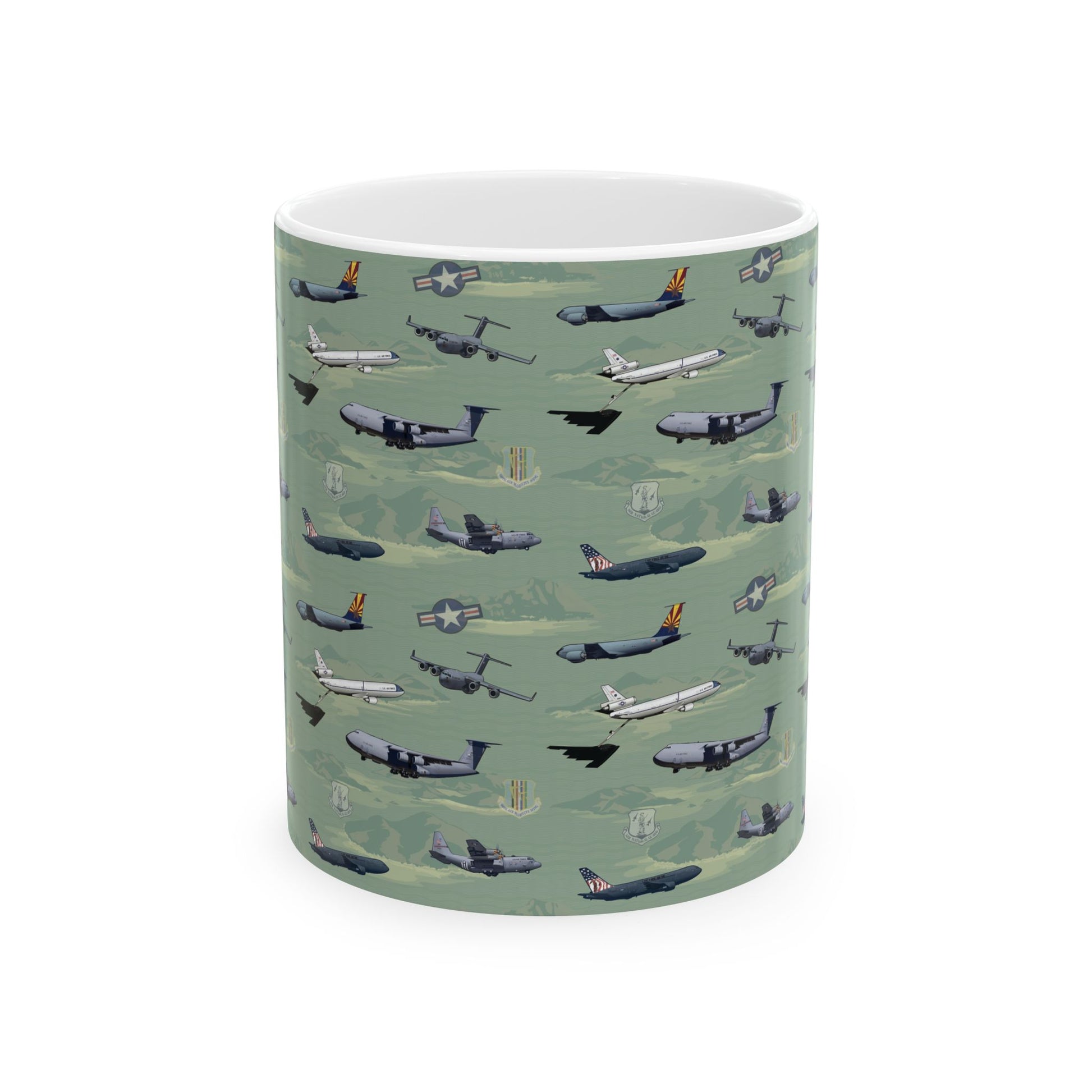 Green ceramic airplane mug, available in 11oz and 15oz sizes, perfect for aviation enthusiasts.