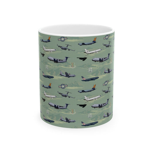 Green ceramic airplane mug, available in 11oz and 15oz sizes, perfect for aviation enthusiasts.