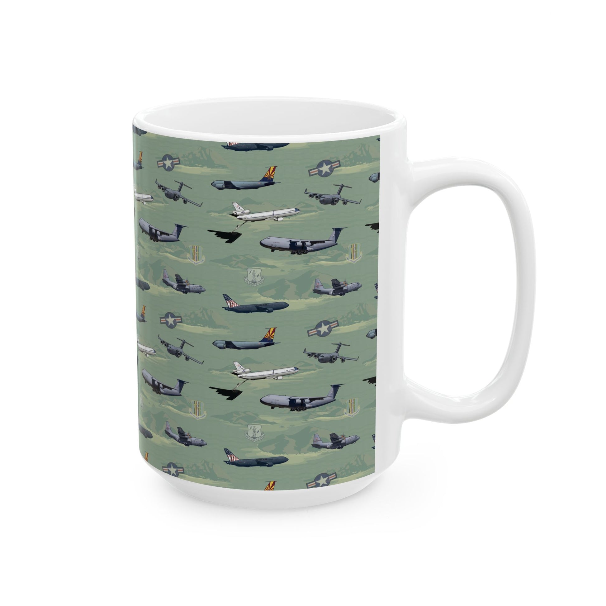 Ceramic mug with airplane design in green, available in 11oz and 15oz sizes, ideal for aviation fans.