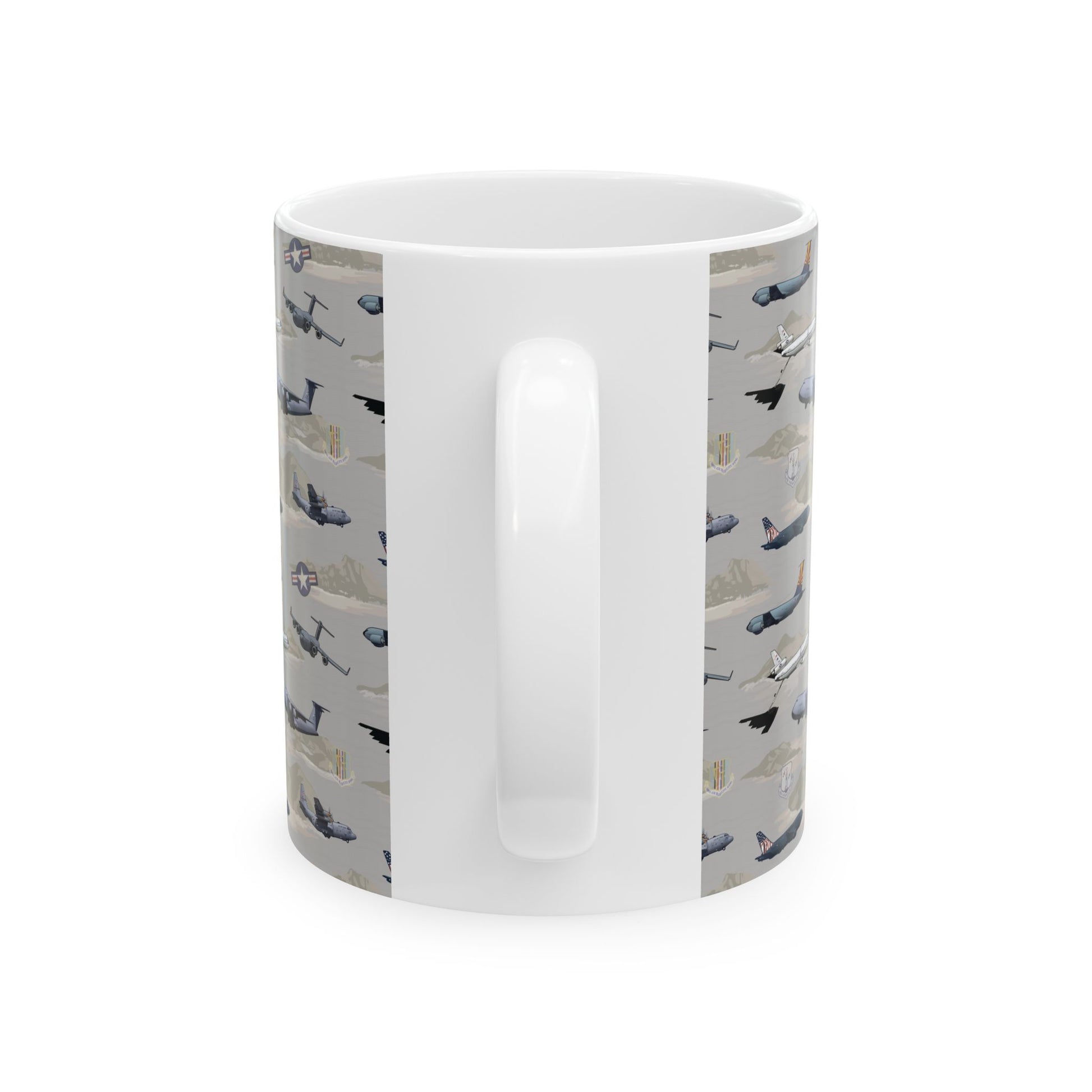 Ceramic mug featuring a beige airplane graphic, available in 11oz and 15oz sizes, ideal for aviation fans.
