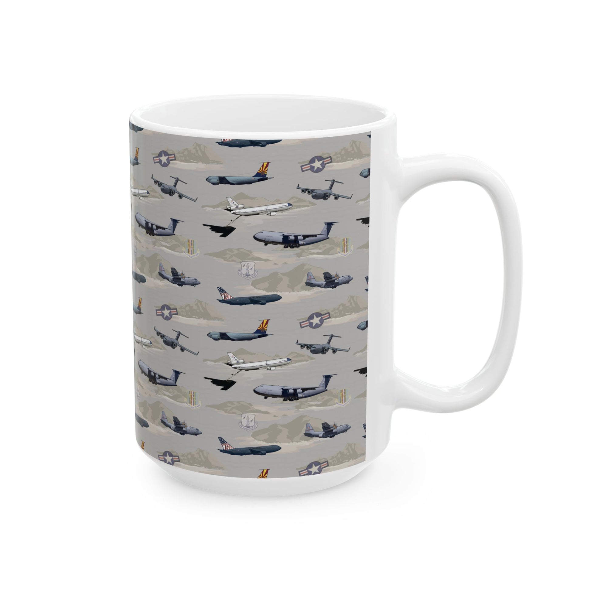 Beige ceramic mug with a high-quality airplane graphic, available in 11oz and 15oz sizes, perfect for collectors
