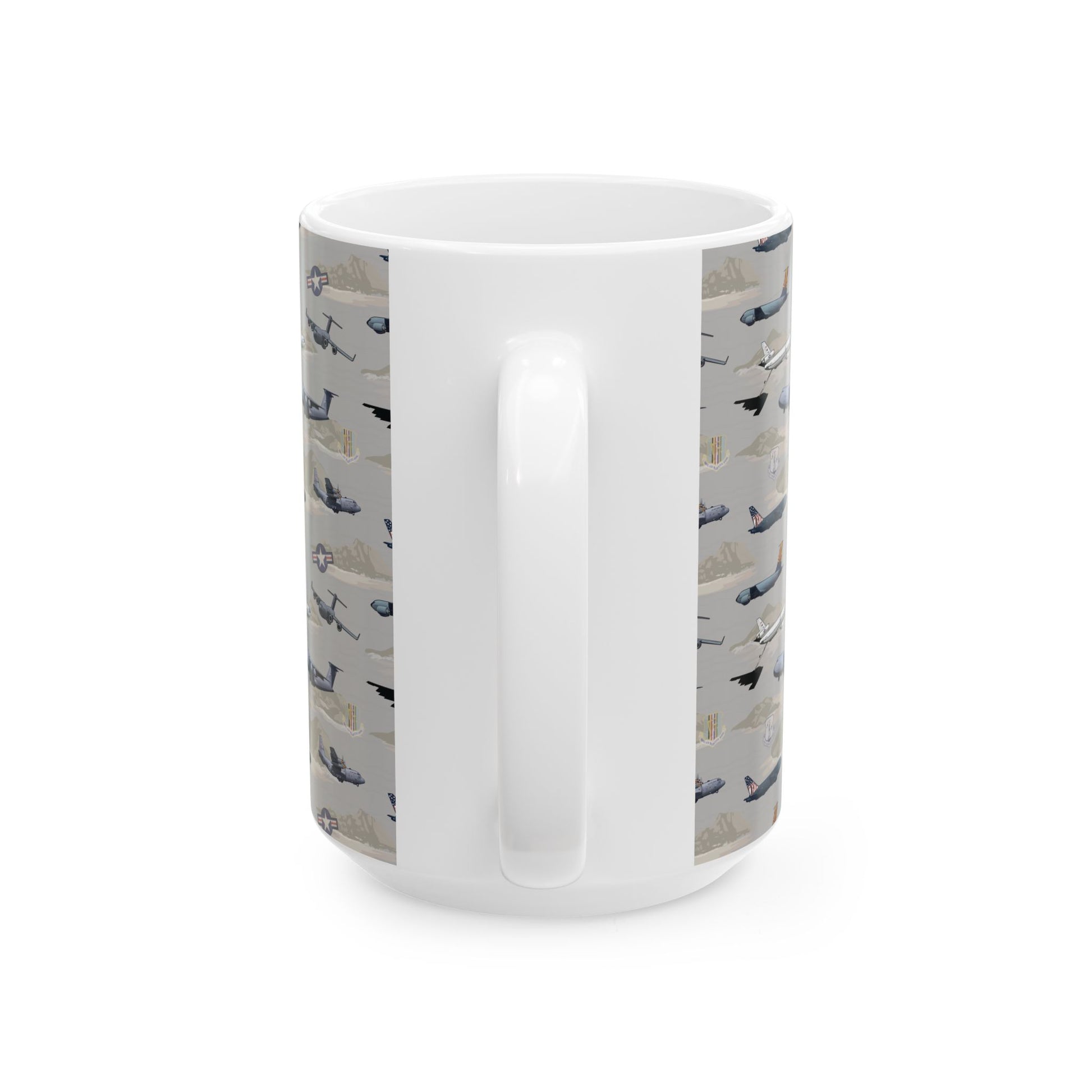 Beige ceramic mug with airplane motif, available in 11oz and 15oz sizes, a stylish addition to any kitchen.