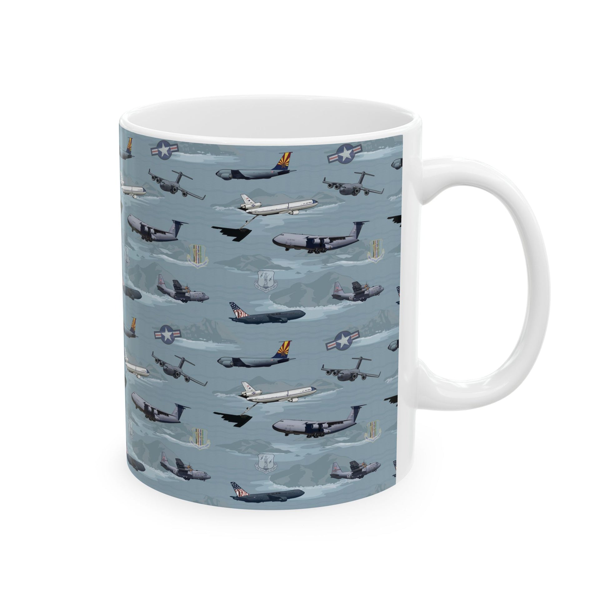 Blue ceramic mug with airplane design, available in 11oz and 15oz sizes, perfect for aviation enthusiasts.