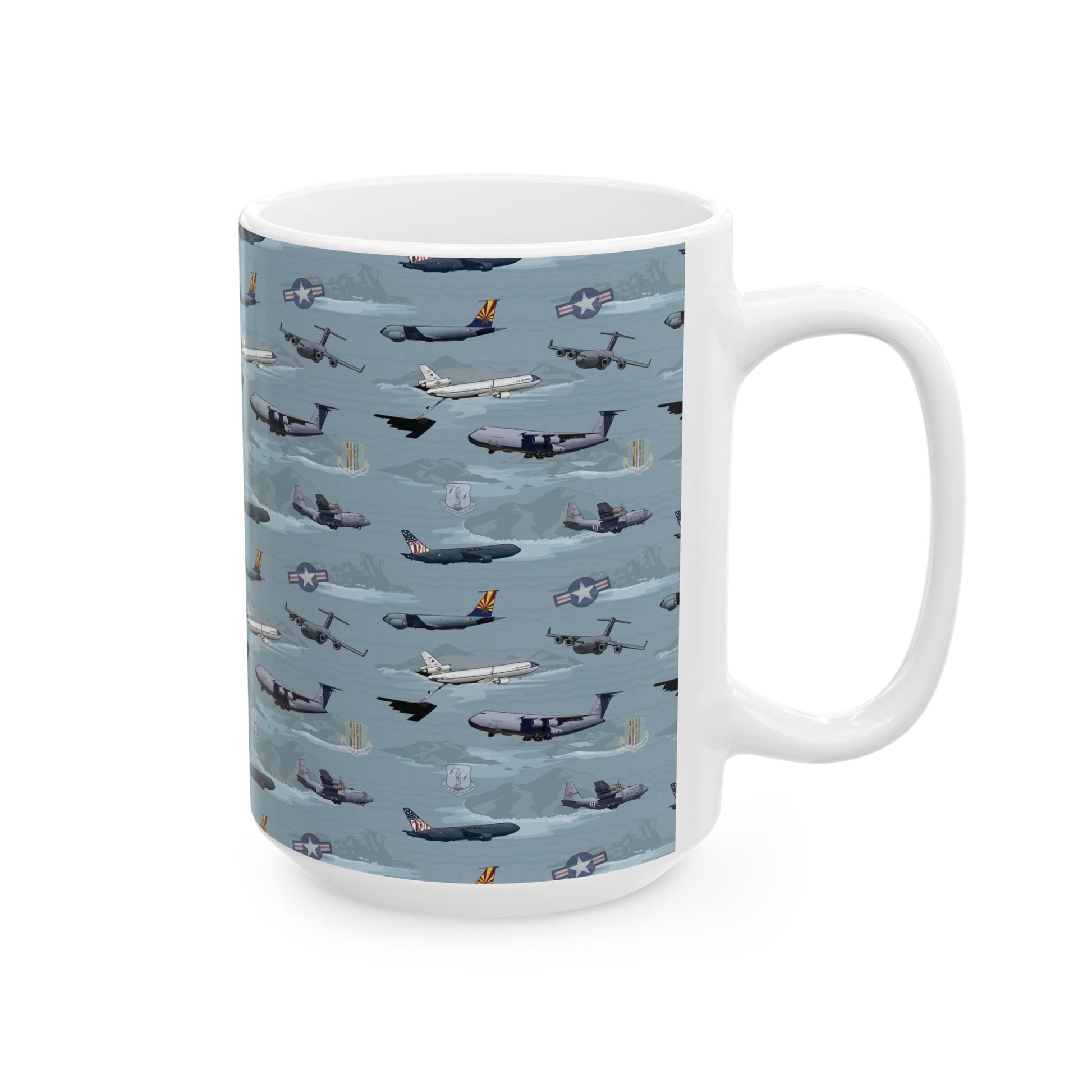 Ceramic mug with blue airplane print, available in 11oz and 15oz sizes, suitable for daily use.