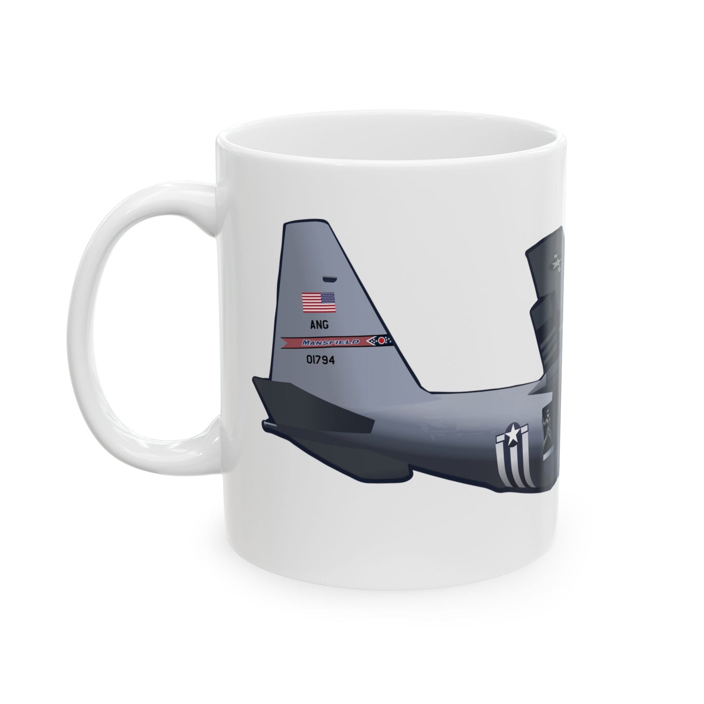 C-130 Mansfield-themed ceramic mug, available in 11oz and 15oz sizes, a stylish addition to any aviation lover's collection.