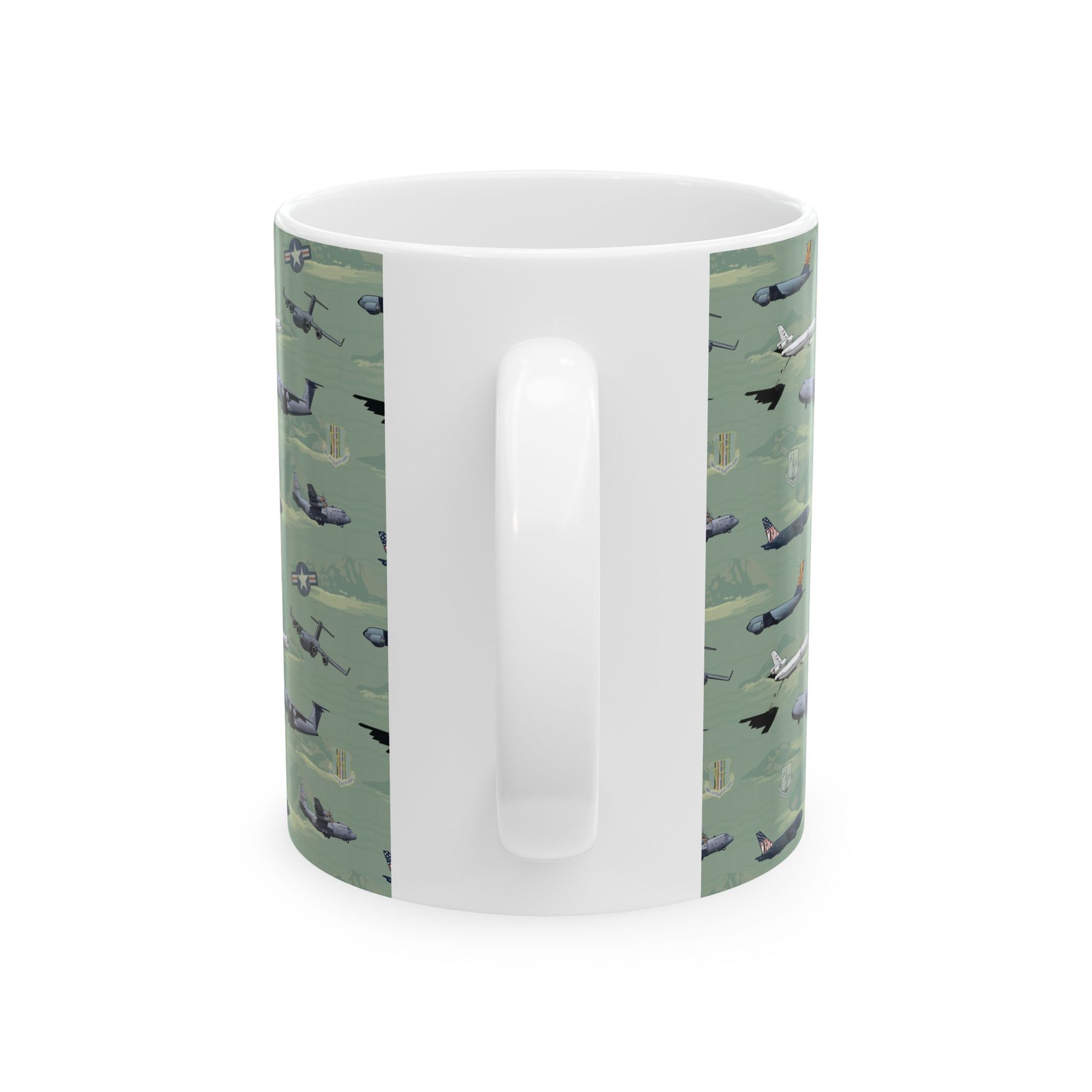 Green ceramic mug featuring an airplane graphic, 11oz or 15oz size, a stylish accessory for coffee lovers.