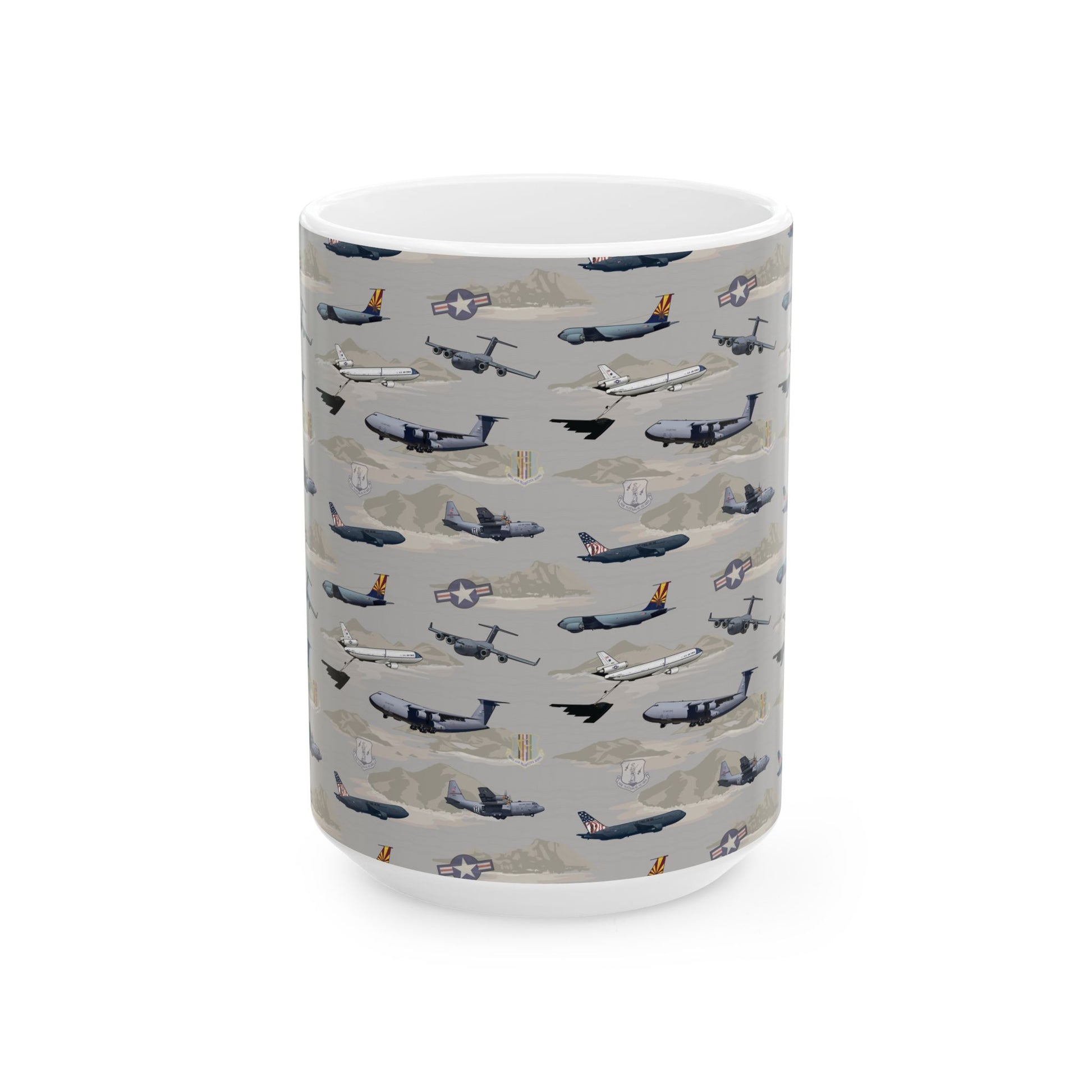 Beige ceramic mug with airplane design, available in 11oz and 15oz sizes, perfect for aviation enthusiasts.