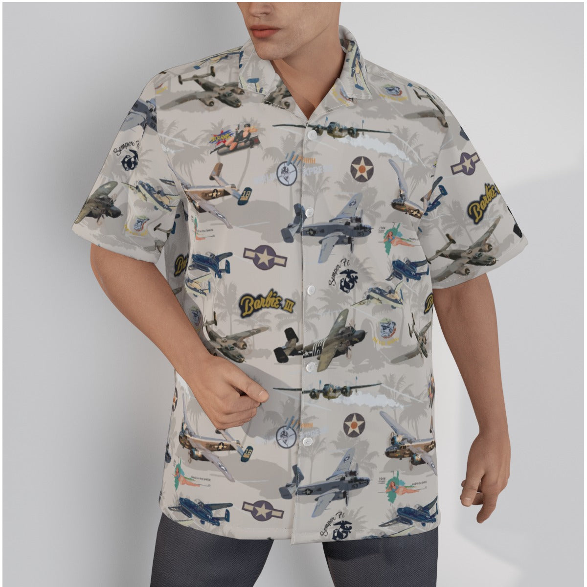 Island Vibes For Life B-25 Mitchell Tribute shirt in white cotton, showcasing military bomber aircraft design