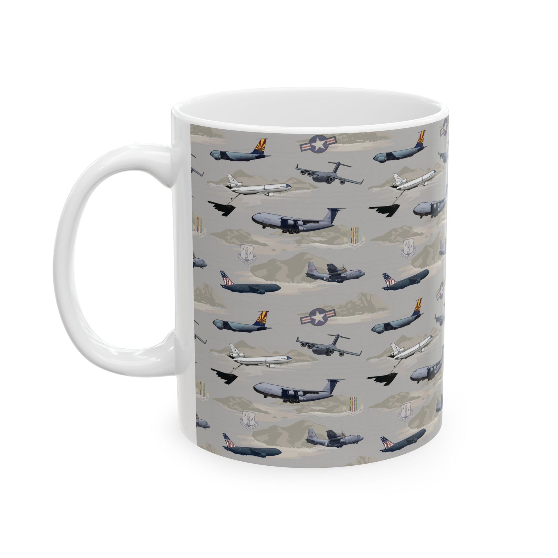 Beige ceramic mug with airplane illustration, available in 11oz and 15oz sizes, a stylish accessory for coffee lovers.