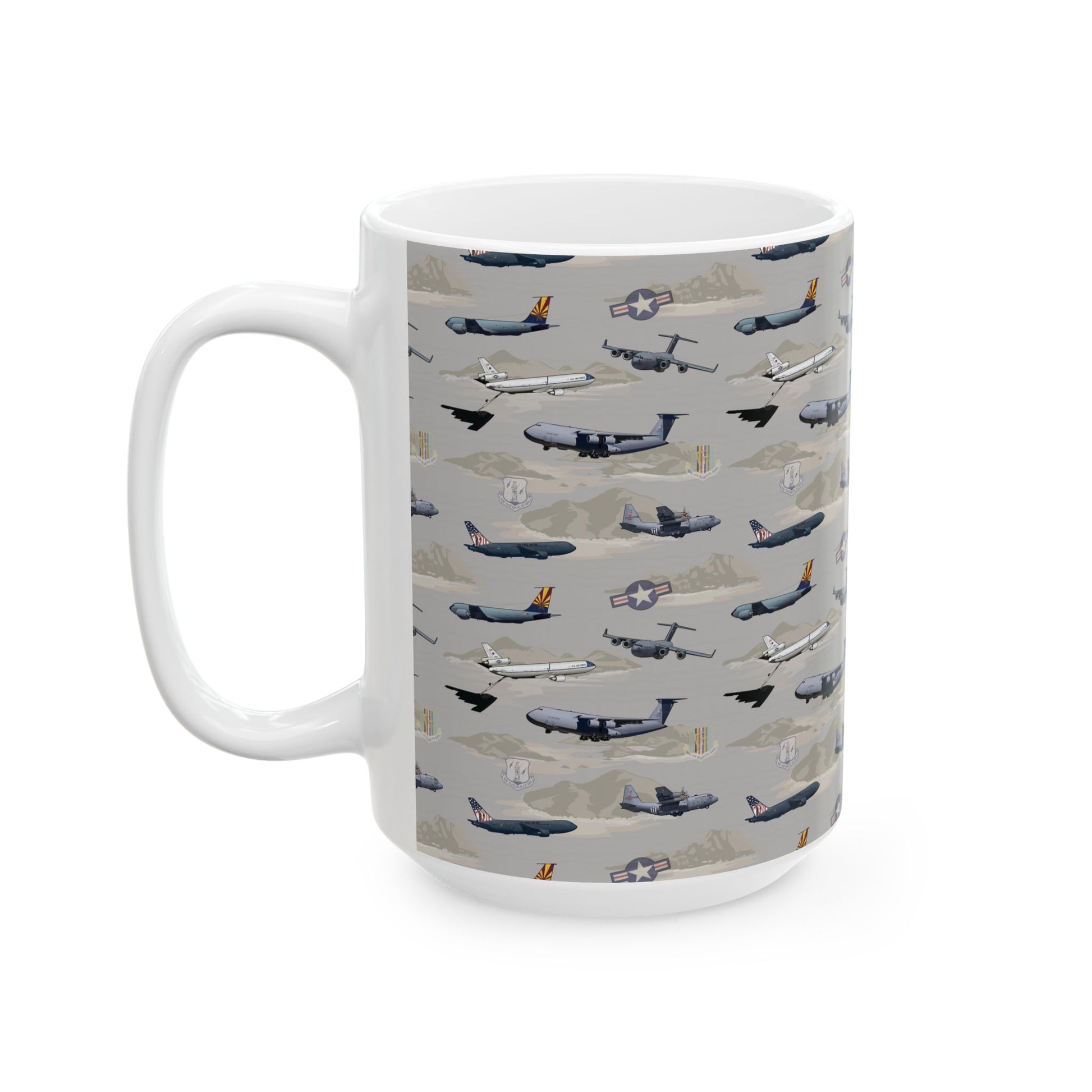 Ceramic mug in beige featuring a classic airplane print, available in 11oz and 15oz sizes, ideal for coffee drinkers.
