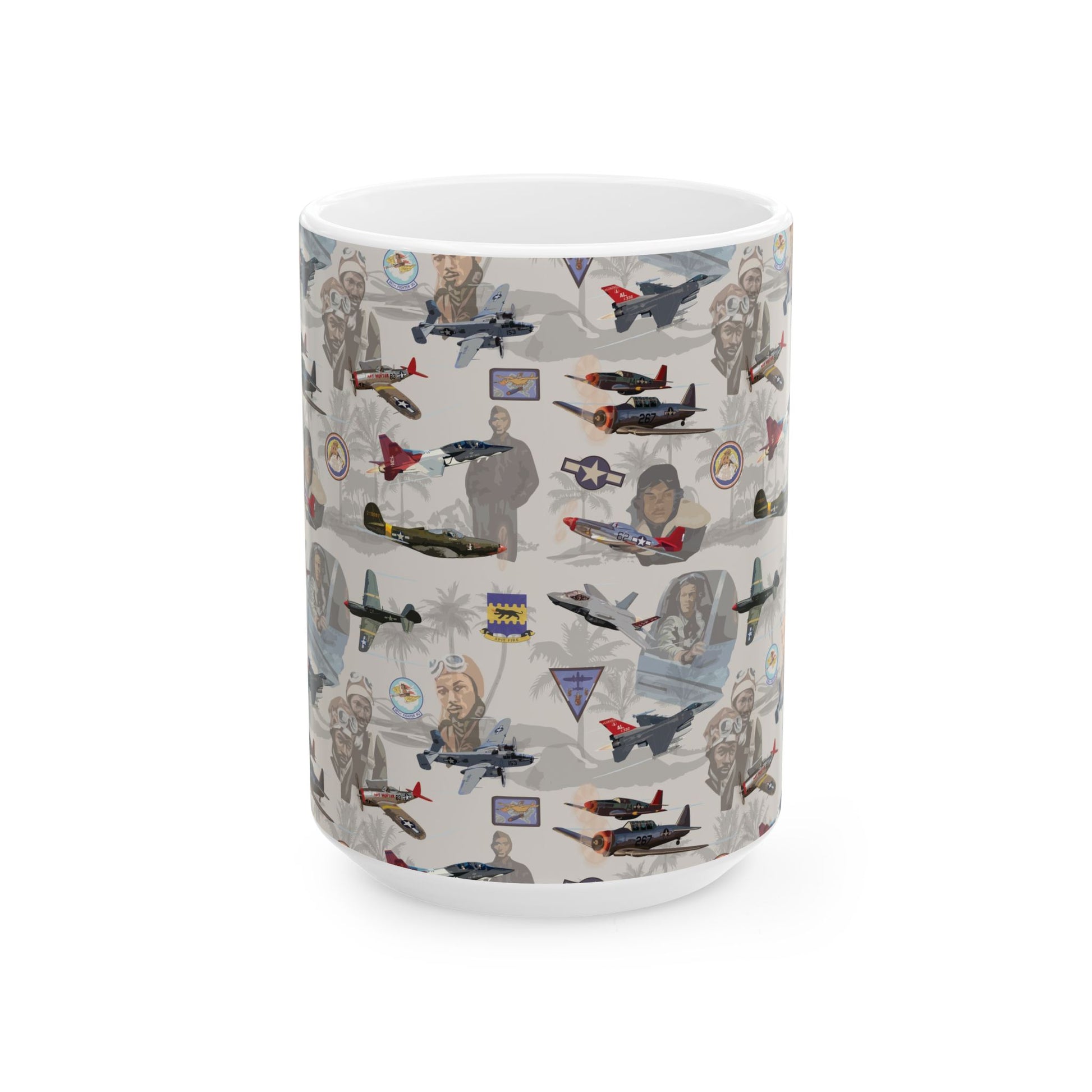 Durable beige ceramic coffee mug showcasing imagery of the Tuskegee Airmen, perfect for aviation enthusiasts, available in two sizes.