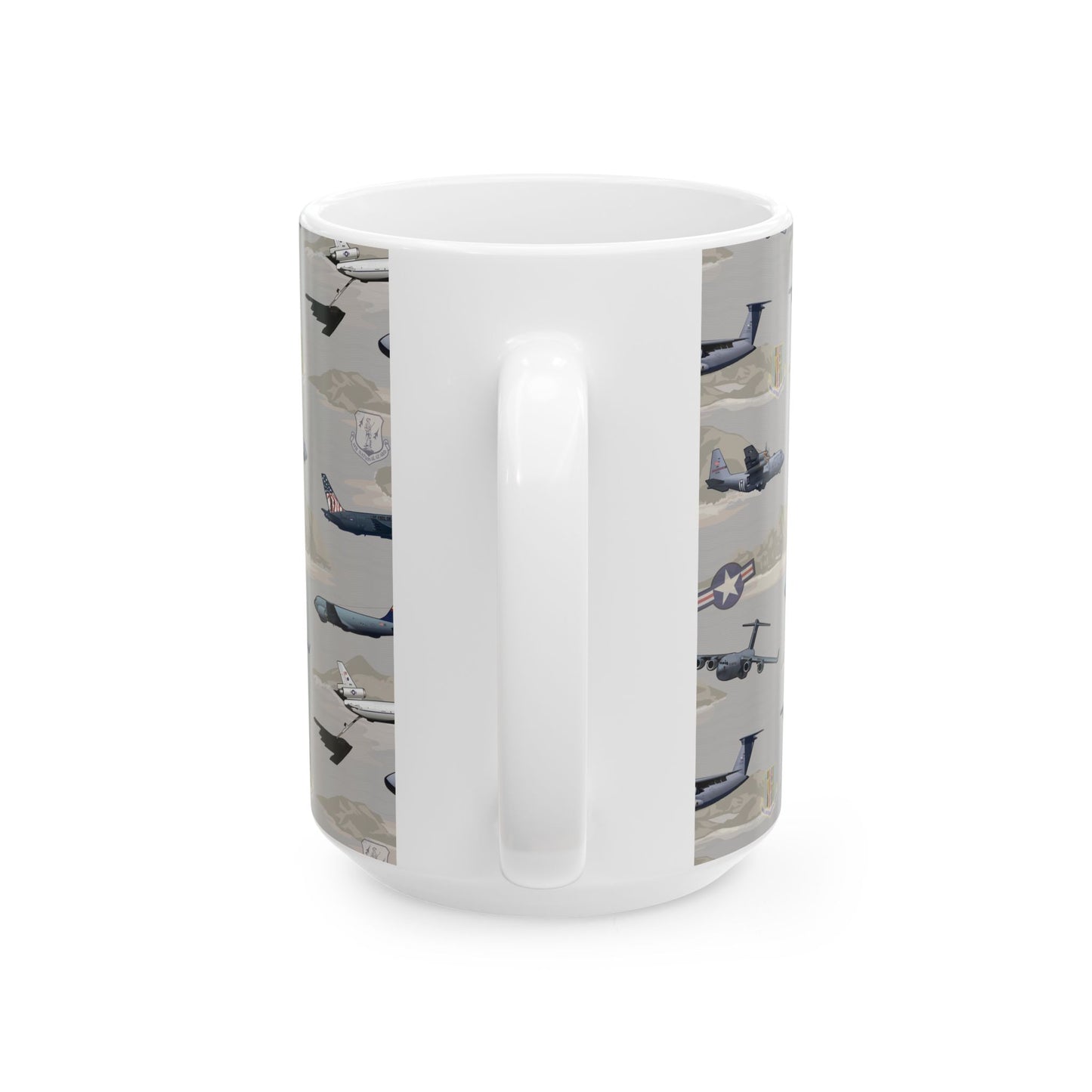 Elegant beige ceramic mug featuring the AMC Tribute design, perfect for collectors and movie buffs, available in both 11oz and 15oz sizes.