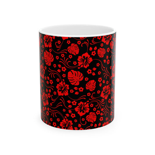 Black Sands ceramic mug featuring tropical island design, available in 11oz and 15oz sizes, perfect for beach lovers.