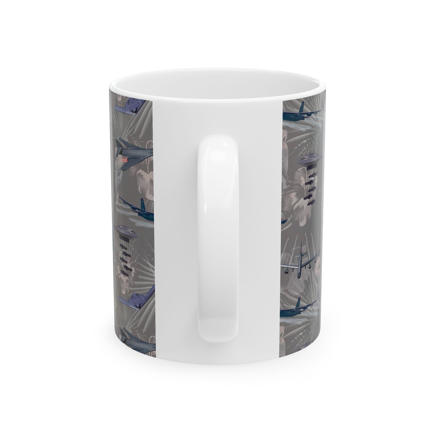 Black ceramic mug with a design celebrating the legacy of iconic bombers, ideal for collectors, available in 11oz and 15oz sizes.