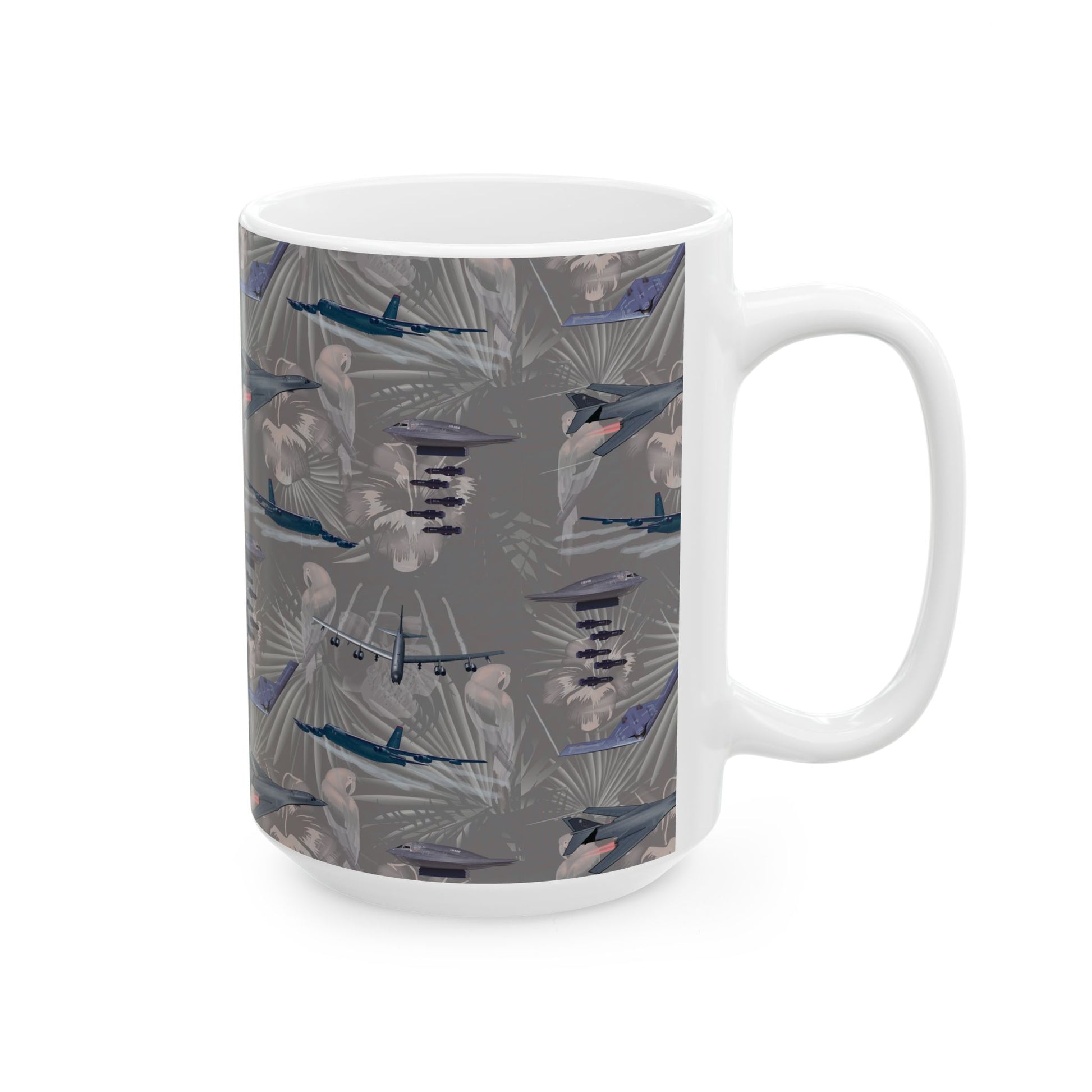 Stylish black ceramic mug with a tribute design to legendary bombers, available in 11oz and 15oz sizes, perfect for aviation fans.