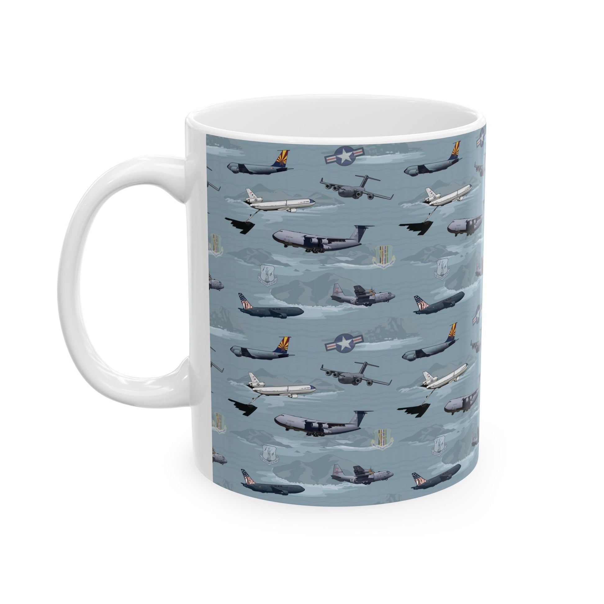 Ceramic mug with blue airplane print, available in 11oz and 15oz sizes, suitable for daily use.