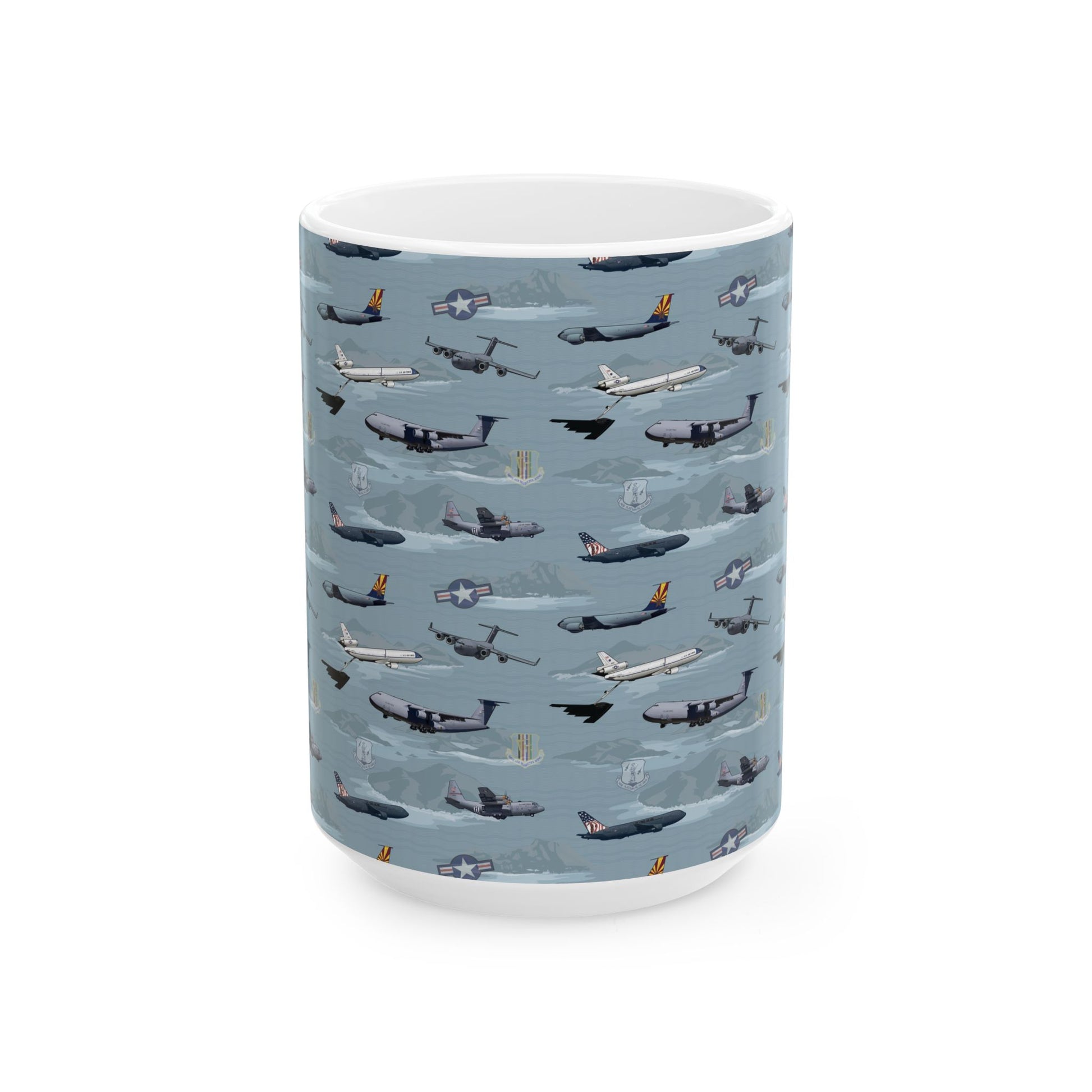 Ceramic mug featuring a blue airplane graphic, available in 11oz and 15oz sizes, ideal for aviation fans.