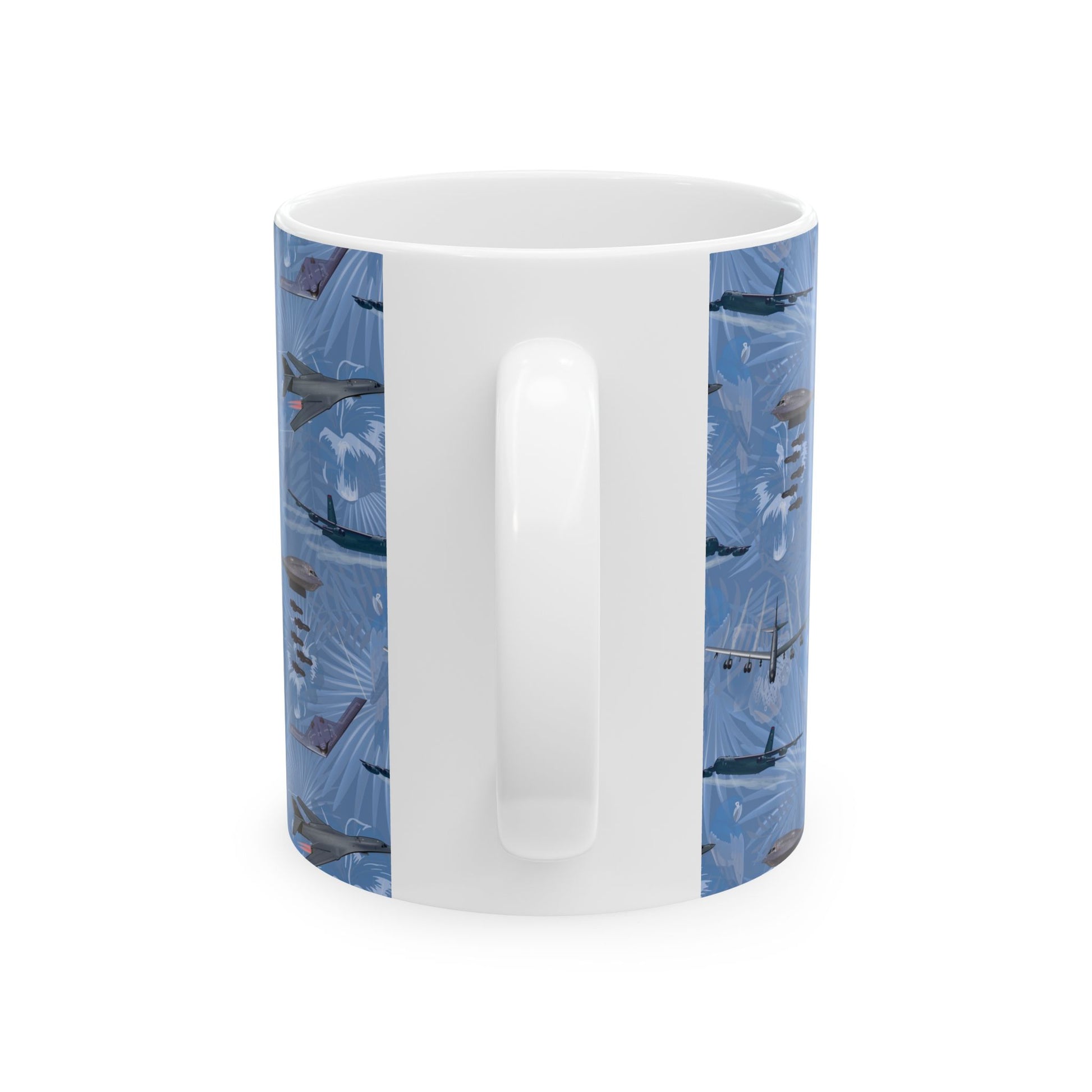 Blue ceramic mug with a design celebrating the legacy of the B-17 Flying Fortress, ideal for collectors, available in 11oz and 15oz sizes.