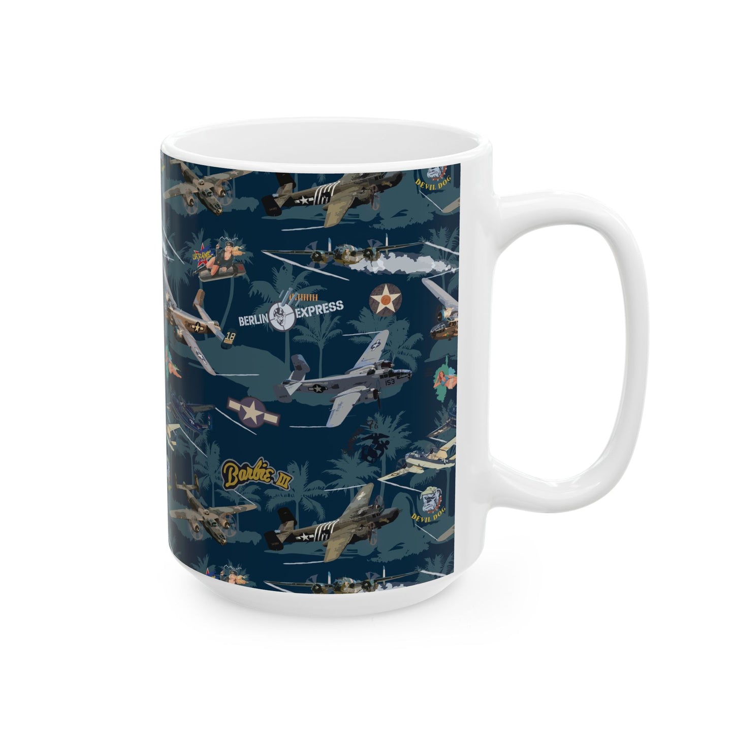 Custom printed ceramic mug, 11oz and 15oz sizes, perfect for coffee, tea, or hot chocolate.