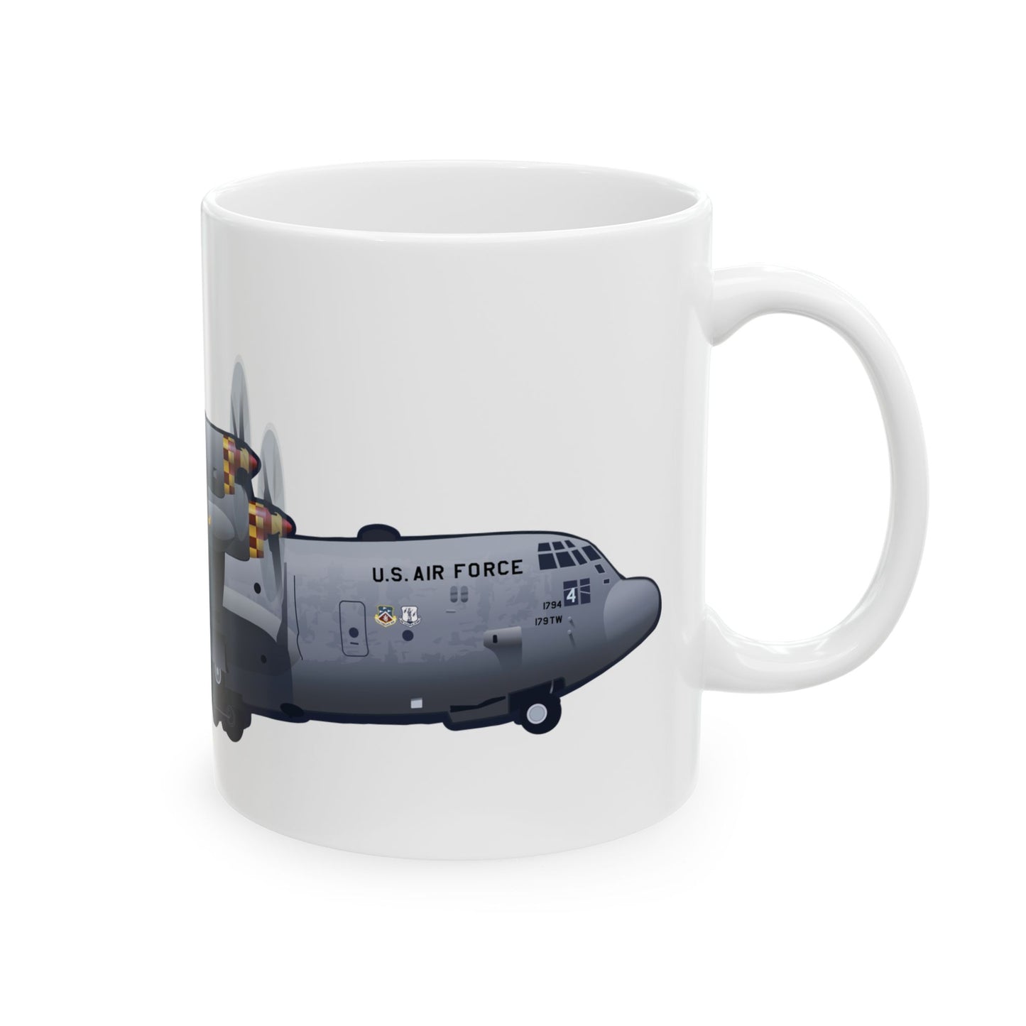 Ceramic mug showcasing the C-130 Mansfield aircraft, available in 11oz and 15oz sizes, great for daily use or display.