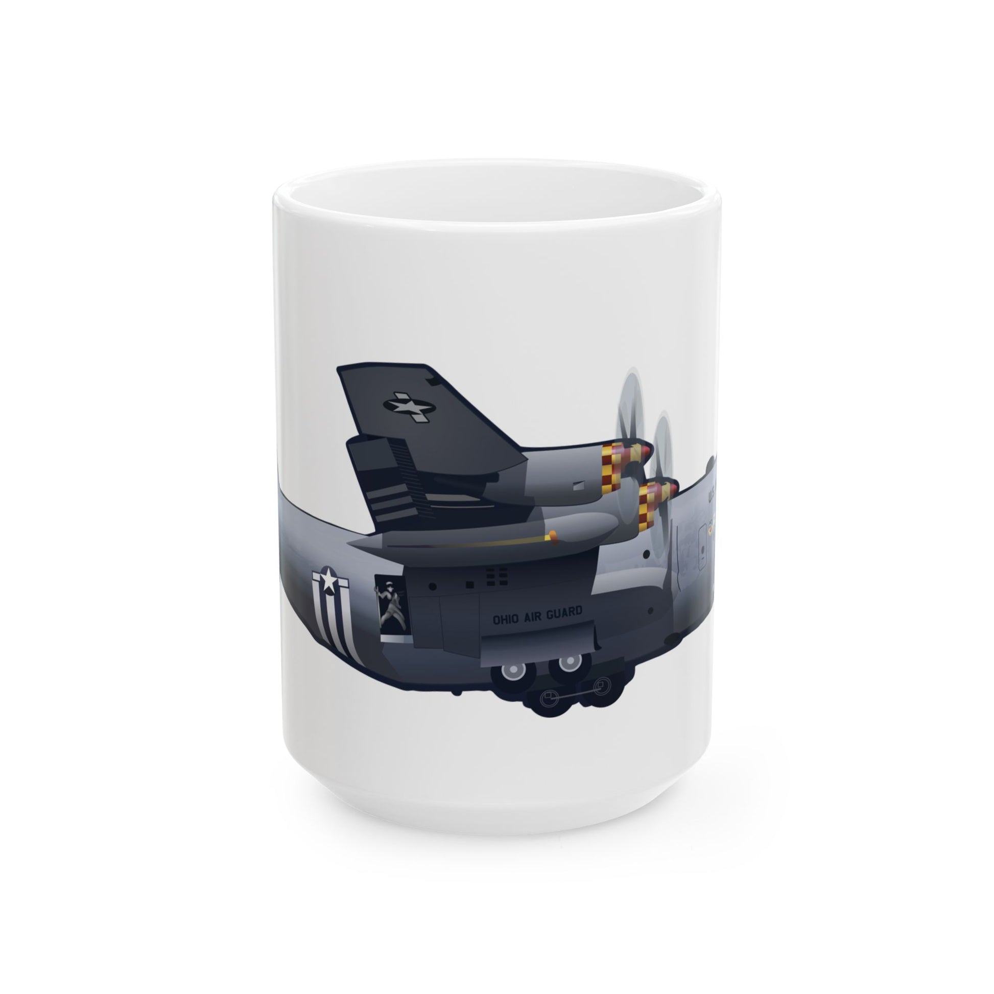 Ceramic mug with C-130 Mansfield graphic, available in 11oz and 15oz sizes, ideal for collectors of military aviation memorabilia.
