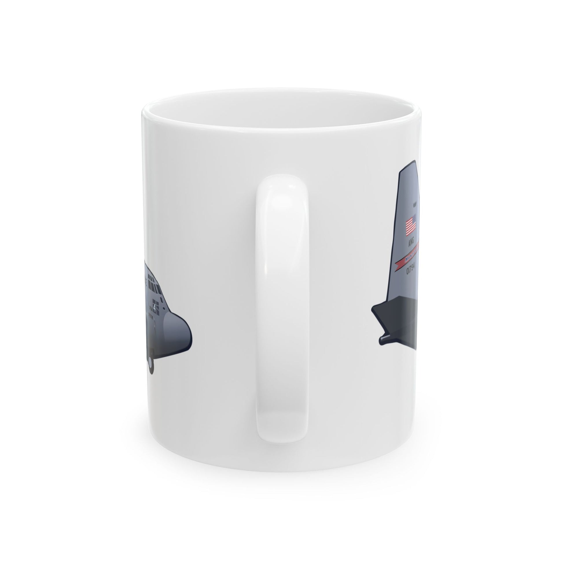 Ceramic mug with C-130 Mansfield graphic, available in 11oz and 15oz sizes, ideal for collectors of military aviation memorabilia